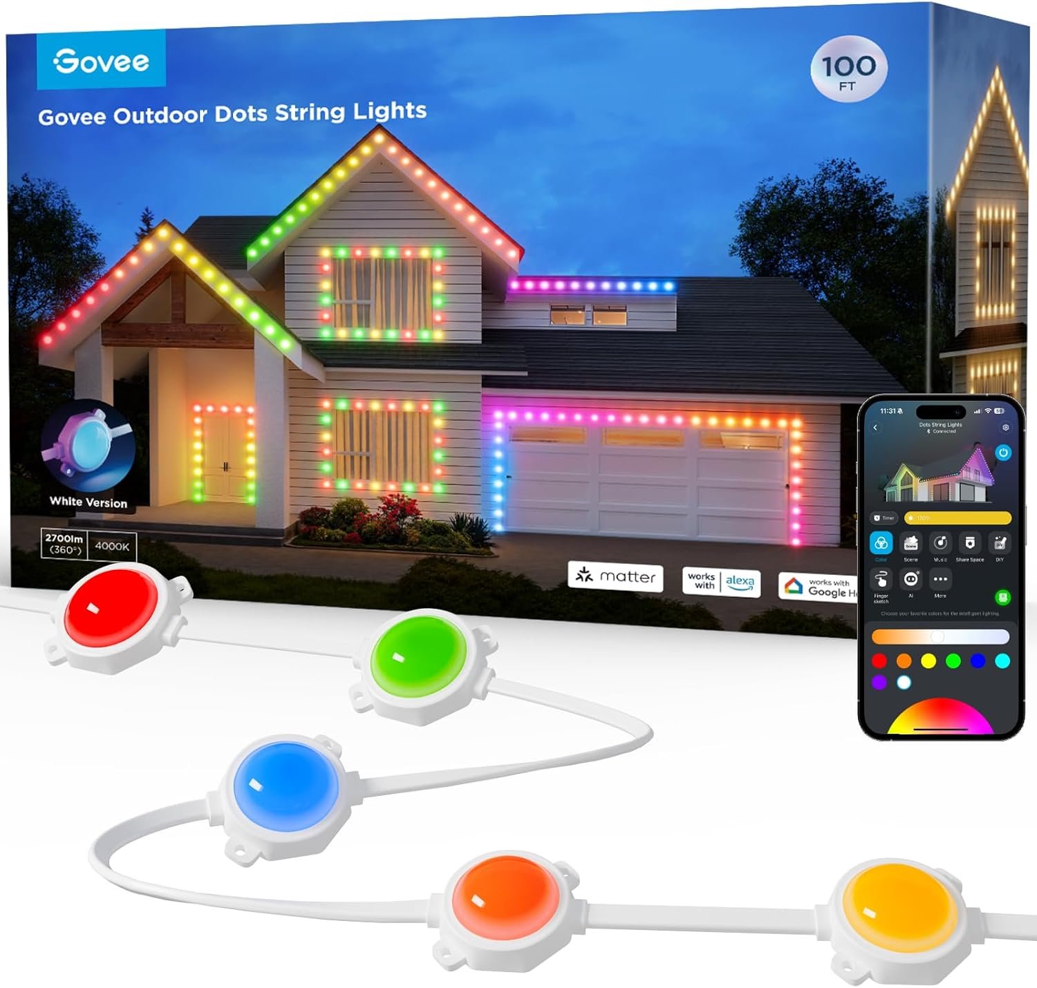 Govee Outdoor LED Strip Lights, 45 RGBIC LED Lights 100FT String Lights with 65 Scene Modes, Halloween Decoration Work with Alexa, Google, APP Control, IP65 Waterproof | 65 Scene Modes, Halloween Decoration Work with Alexa, Google, APP Control, IP65 Waterproof