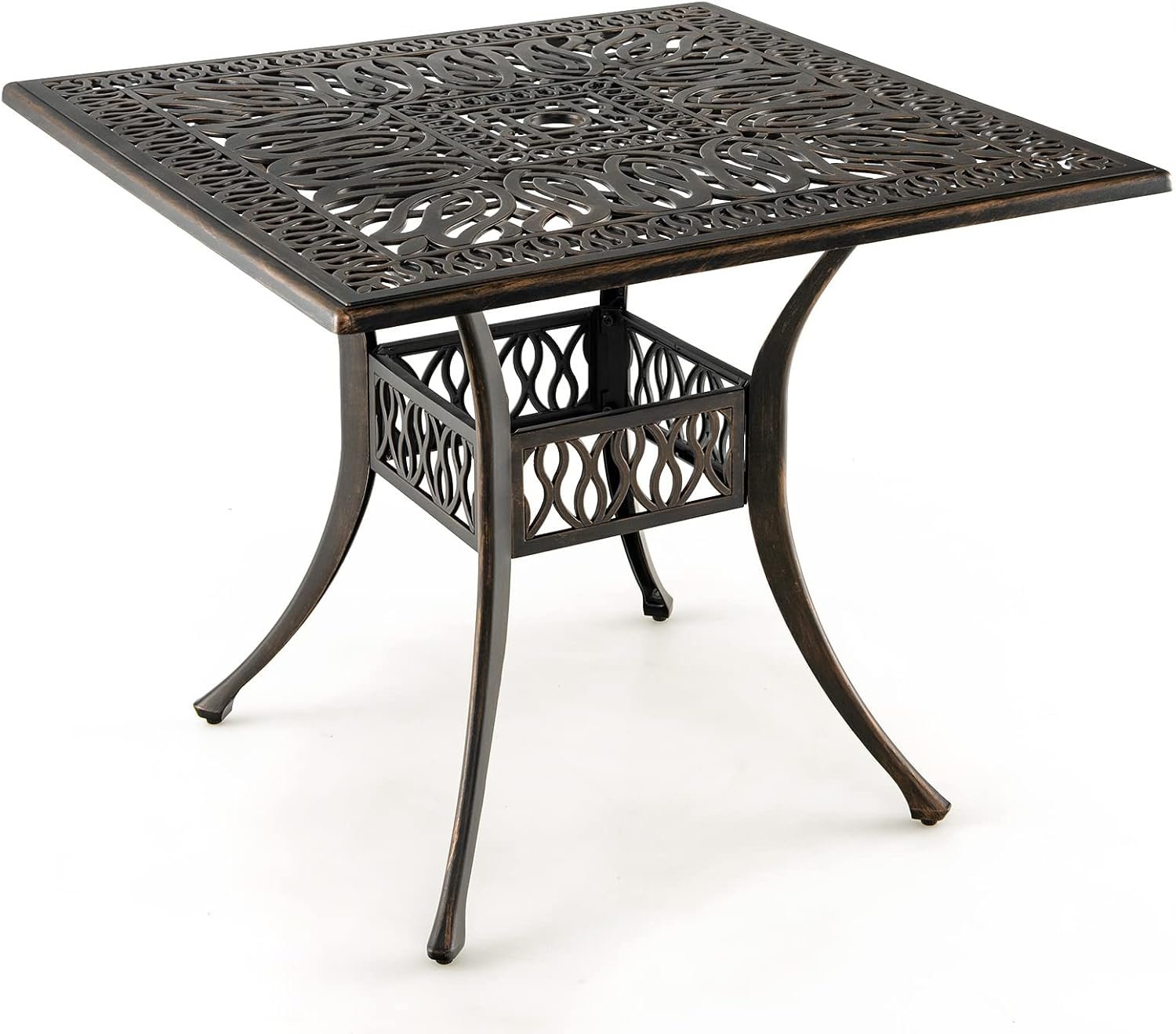 Tangkula 35.4 Inches Outdoor Dining Table, All-Weather Cast Aluminum Table with Umbrella Hole, 4 Person Square Dining Table for Garden, Backyard and Poolside