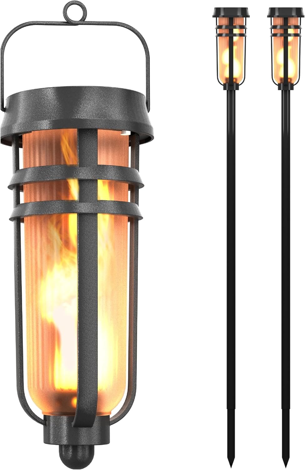 FoxFlame Metal Solar Torch Lights-Adjustable Height (24″-50″), Outdoor Garden Decor with Patented LED, Waterproof Solar Tiki Torches for Yard,Patio,Garden Pathway,Matte Black–2 Pack