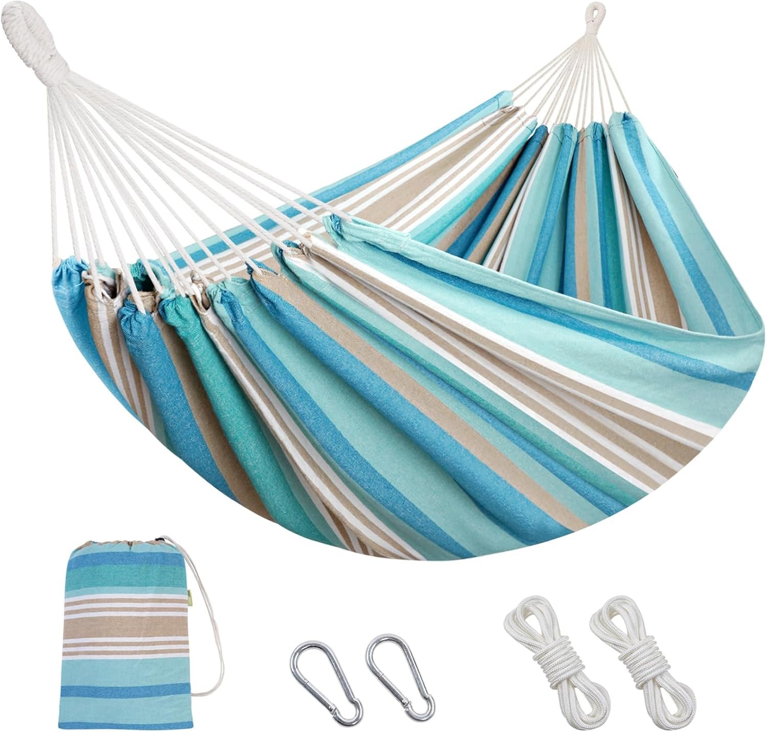 INNO STAGE 2 Persons Hammock with Tree Straps – Brazilian Double Hammocks, Portable Hanging Camping Bed for Patio, Backyard, Porch, Outdoor and Indoor Use Soft Cotton Carrying Bag, Blue, XX-Large