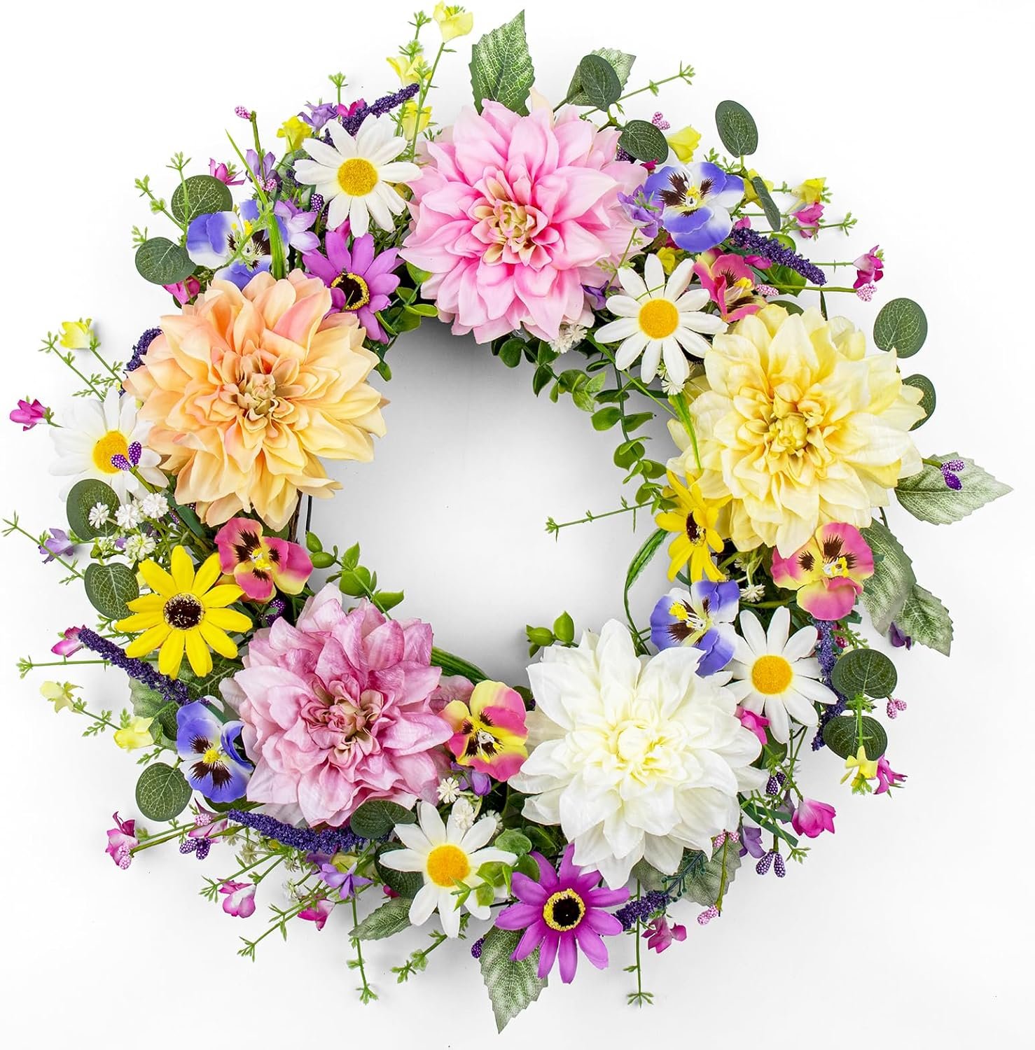22 Inch Spring Wreaths for Front Door Colorful Spring Wreath Artificial Floral Wreath with Dahlia Daisy and Butterfly Flower for Indoor Outdoor Holiday Celebration