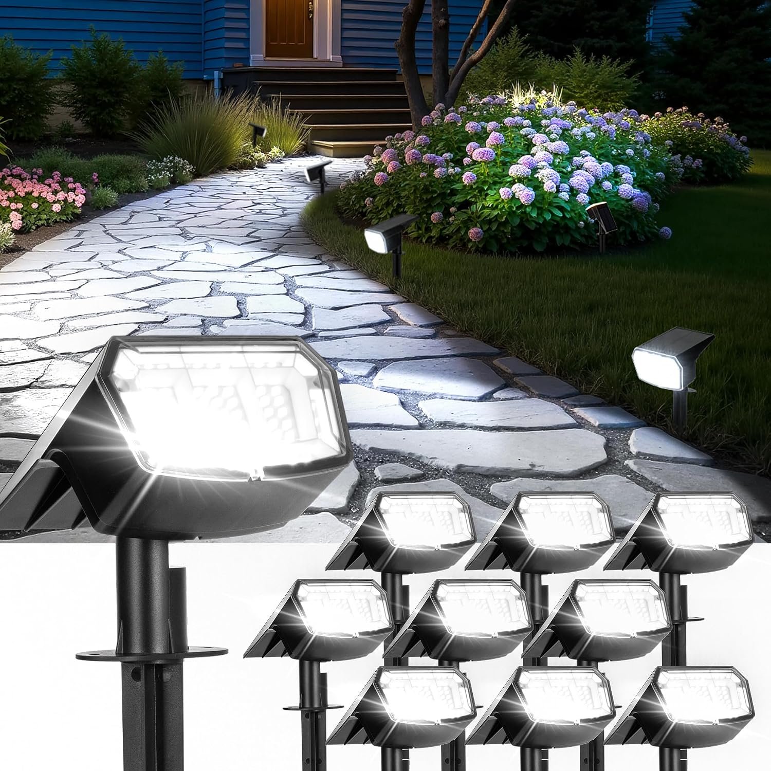 Solar Spot Lights Outdoor Waterproof, Solar Spotlights 10 Pack Cool White | 63 LED 3 Lighting Modes Solar Landscape Spotlights for Yard, Garden, Backyard, Driveway, Pathway, Wall, House, Garage