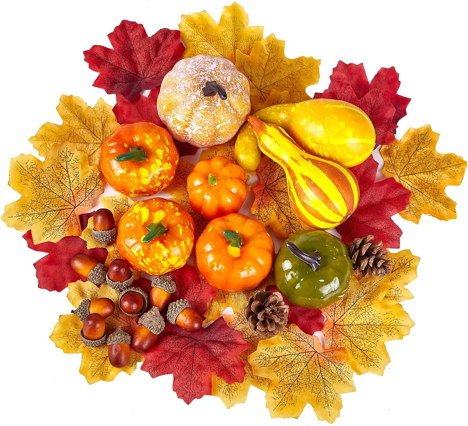 Fall Decorations 50pcs Artificial Pumpkin Set with Fake Maple Leaves & Acorns, Fall Decor for DIY Crafts Home Table Wreath Thanksgiving Halloween Autumn Harvest Party