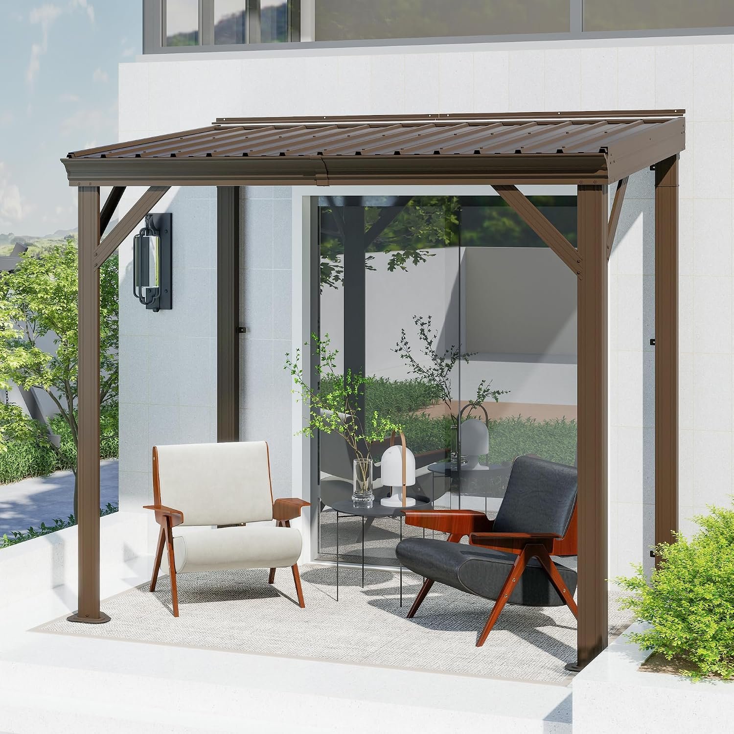 Domi 5′ x 8′ Lean to Gazebo, Wall Mounted Gazebos Pergola with Built in Drainage System, Galvanized Steel Roof, Hardtop Patio Shelter for Deck, Porch, Backyard and More,Brown