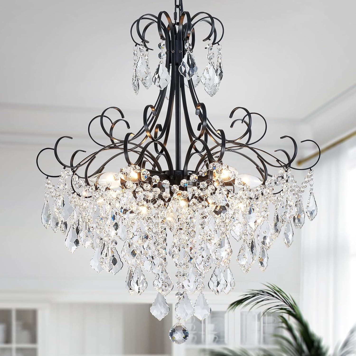 WUZUPS Crystal Chandelier 10-Light Pendant Ceiling Light Modern Lighting Fixture for Dining Room Hallway Bedroom Kitchen Bathroom, H 27.6″ x W 22.8″, E12 Base, Black