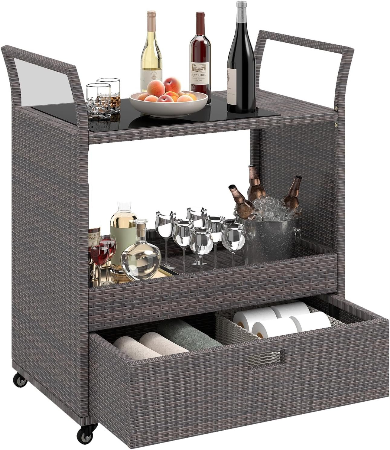 Giantex Rolling Wicker Cart Rattan Bar Cart Outdoor Serving Cart Wicker Trolley Portable Kitchen Trolley Cart W/Shelves and Big Drawer for Dining Room, Restaurant, Party, Poolside Use