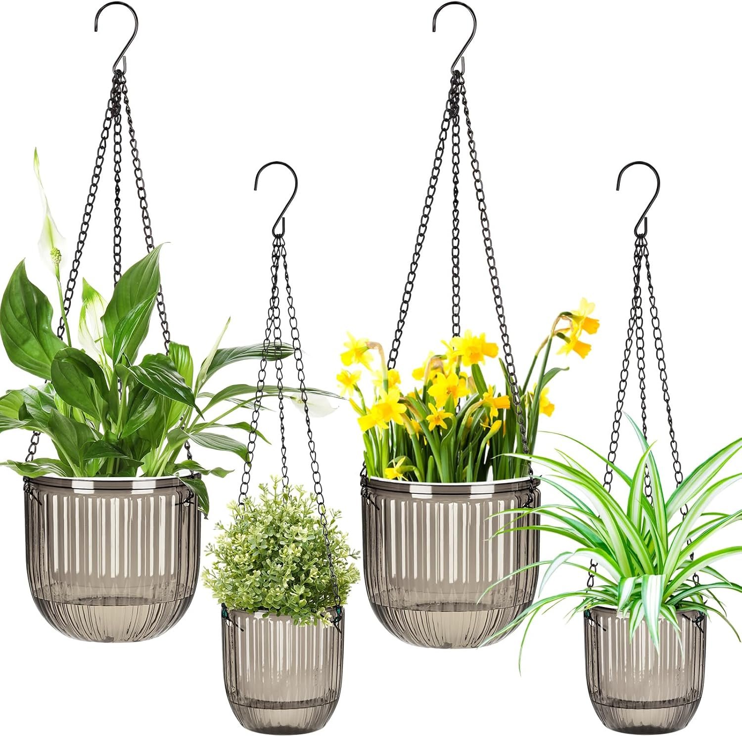 4 Pcs Self Watering Hanging Planters Indoor Gift 6.5” 4.5” Hanging Flower Pots Baskets Outdoor Self Watering Plant with 3hooks Drainage Holes for Home
