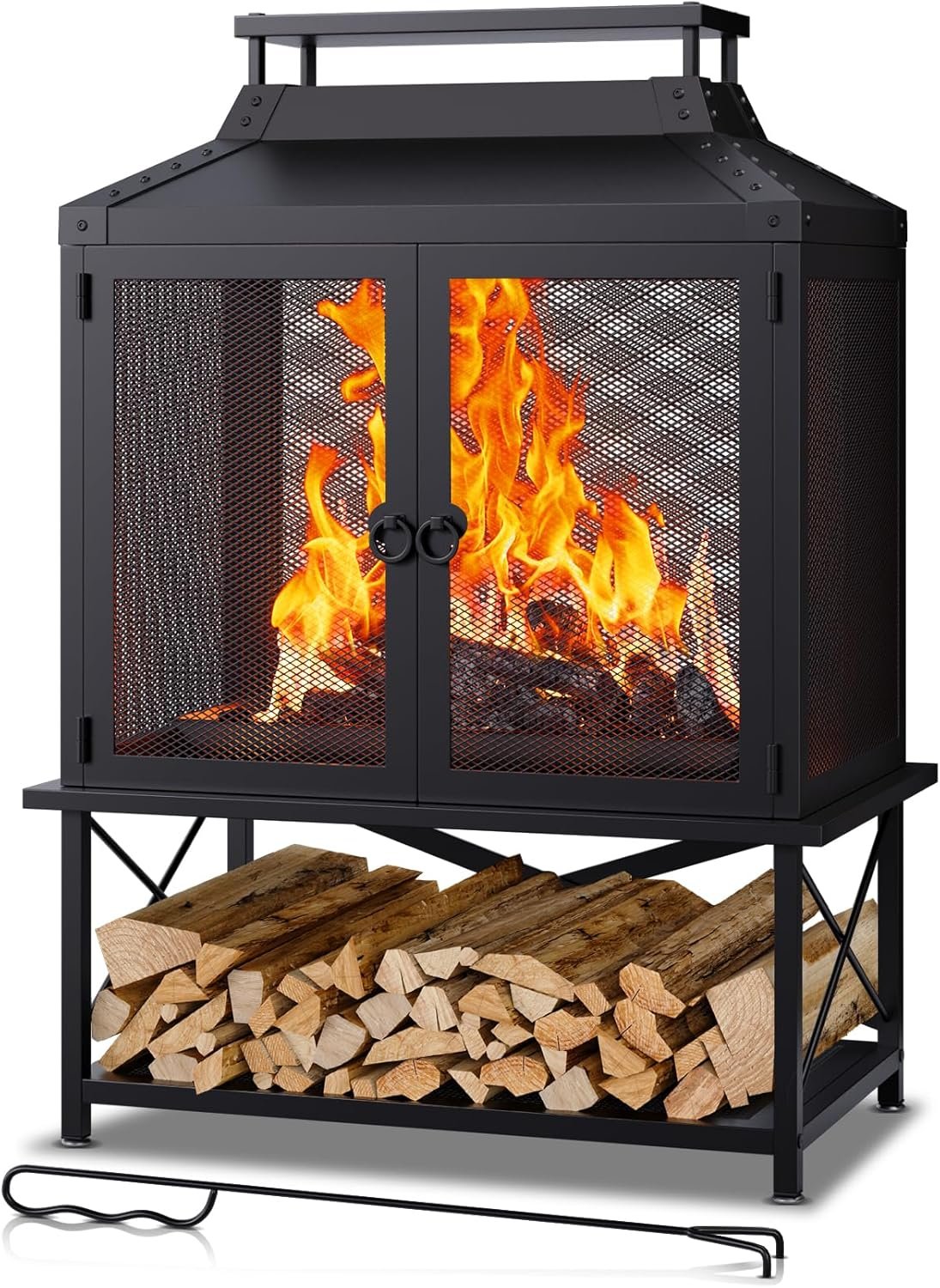 Metal Outdoor Fireplace for Patio – 39″ H Square Chiminea Fire Pits Outside Wood Burning with Grill, Mesh Spark Screen & Fire Poker, for Garden, Backyard, Party, Camping, Picnic, BBQ, Bonfire