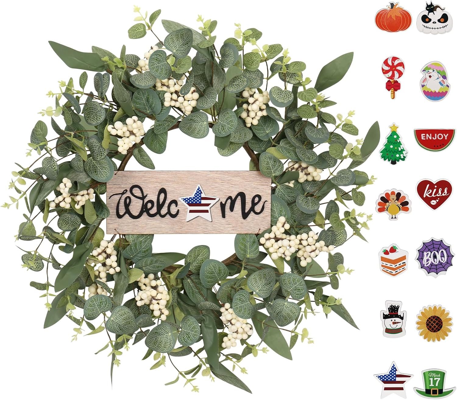 20Inch Wreaths for Front Door for Spring Fall Summer Winter Welcome Sign | Artificial Green Eucalyptus Wreath Interchangeable Seasonal Welcome Sign Decorations, for Porch Home Farmhouse Outdoor Decor