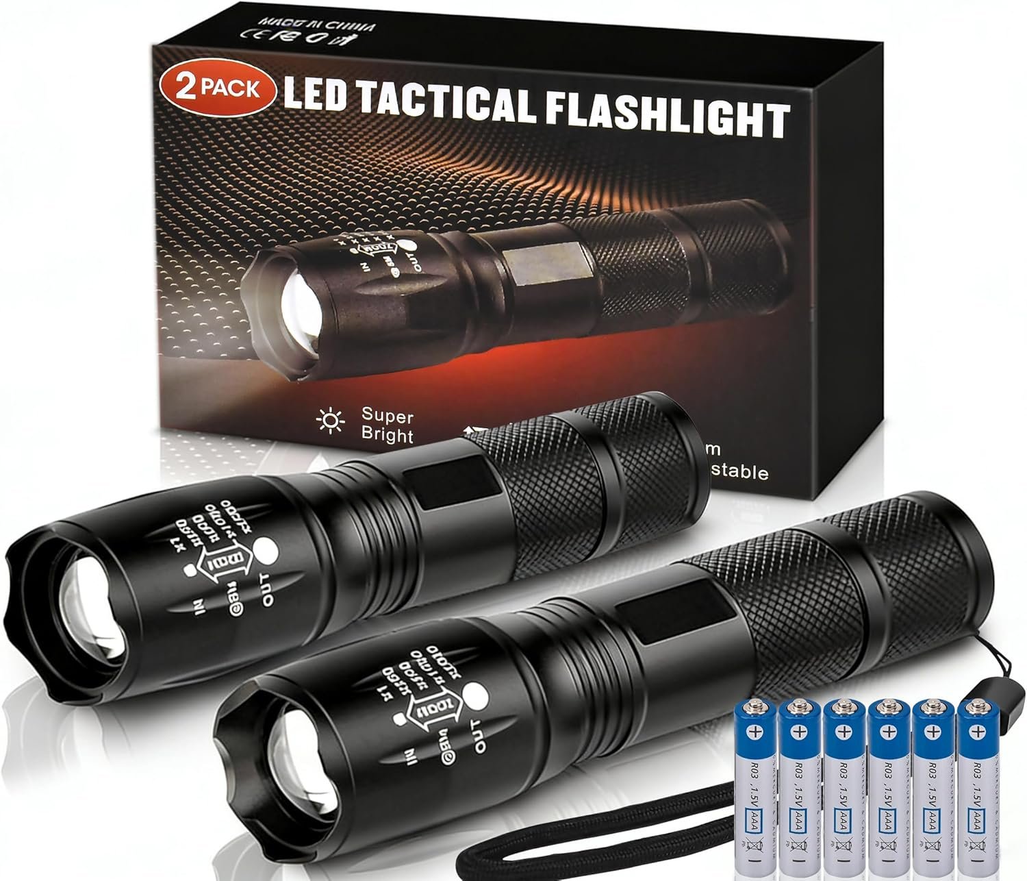Zoomable LED Flashlights with 5 Modes 2Pack Christmas Stocking Stuffers Birthday Gifts for Men Him Dad Included Batteries Bright Tactical Torch High Lumens Outdoor Fishing Hiking Camping Essentials