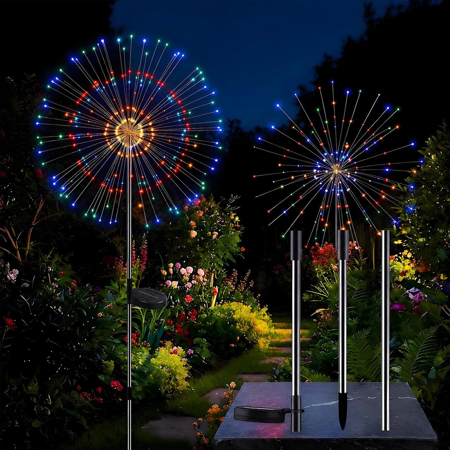 Solar Firework Lights Outdoor, Adjustable 32″ to 51″ Extra Tall, 200 LED Stainless Steel 3-Section Pole, 8 Modes Waterproof Starburst Garden Lights for Yard Pathway Walkway Decor(Color 2 Pack)