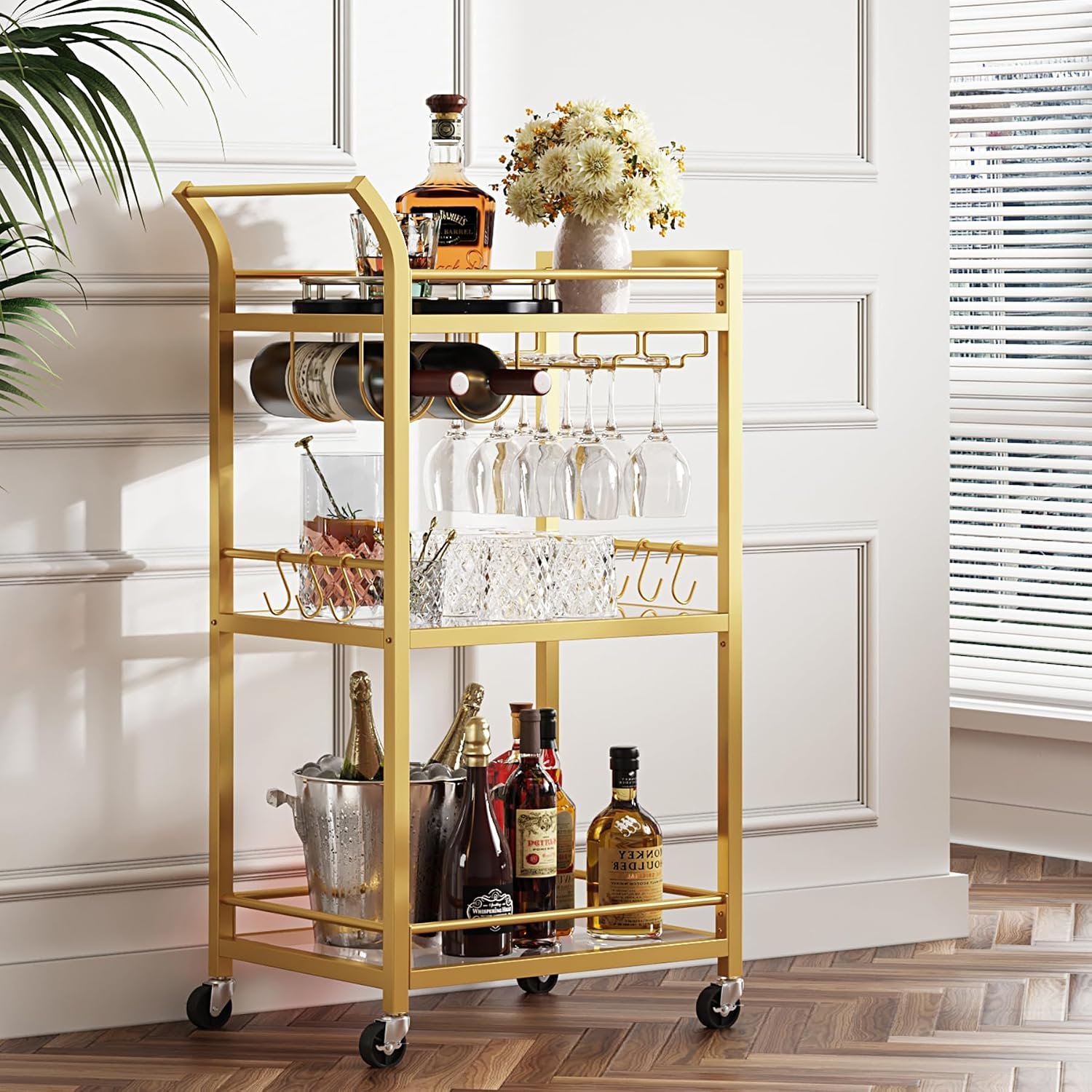 TUTOTAK Gold Bar Cart with 3 Mirrored Shelves, Wine Rack & Glass Holder | 3-Tier 18.5 Inch Wide Home Bar Serving Carts, Small Mobile Kitchen Shelf with 6 Hooks, Gold BC01BB034