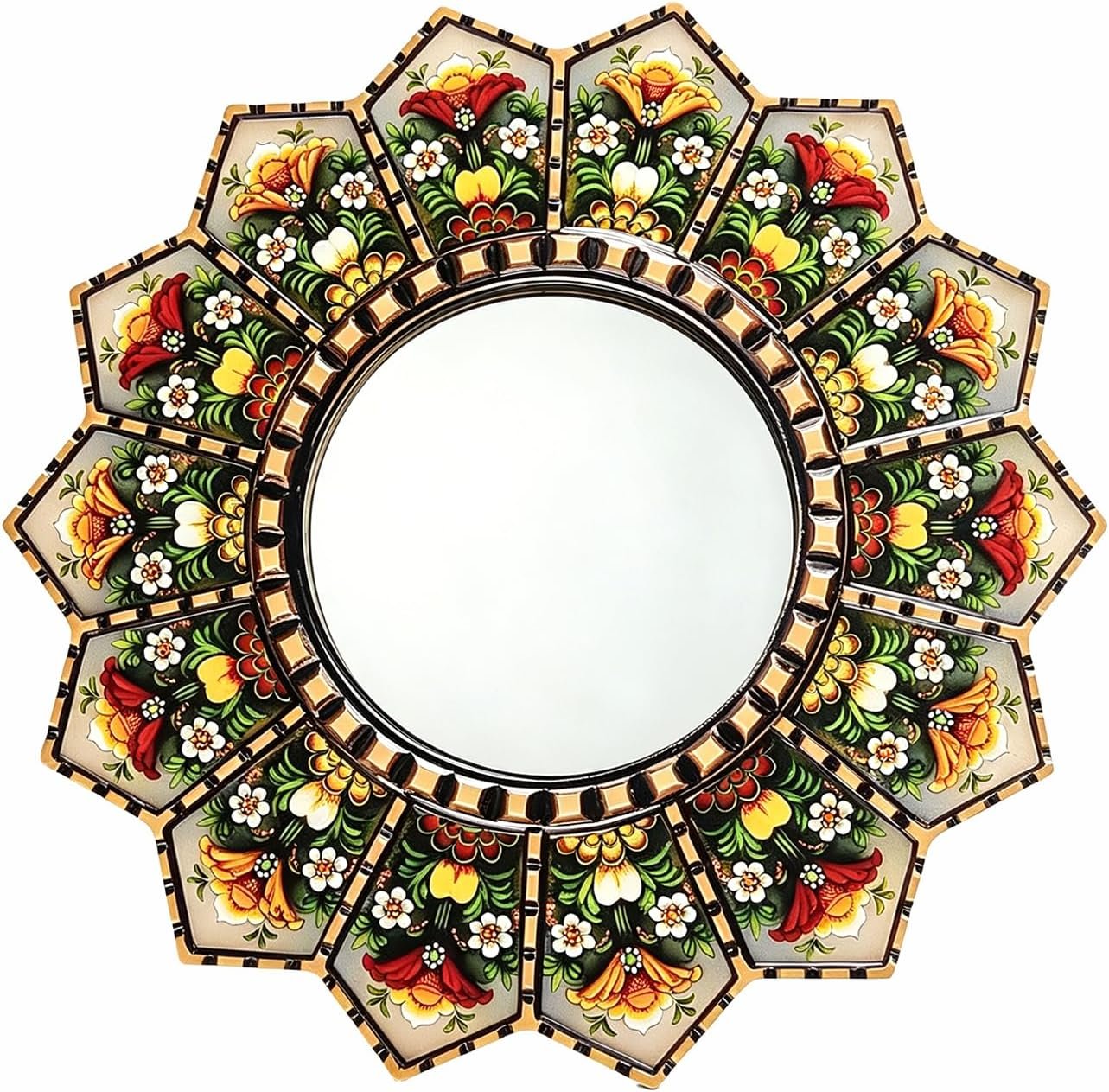 Sunburst Flower Decorative Wall Mirror Mandala Floral Wall Accent Mirror | Hand-Painted Wooden Frame Shatterproof Acrylic Hanging Mirror Moroccan Boho Rustic Farmhouse Home Decor for Housewarming Gift