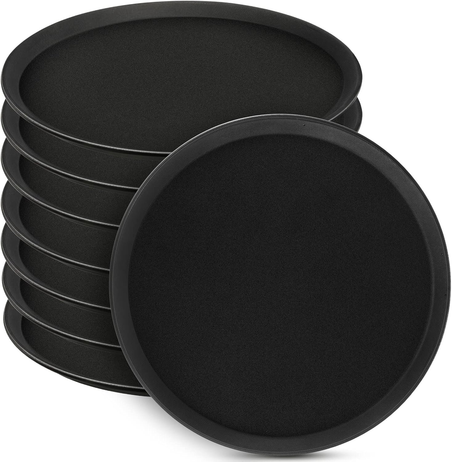 Lallisa 8 Pcs 16” Large Restaurant Serving Trays with Rubber Lined Plastic Non Slip Tray Non Skid Round Serving Platter Server Tray for Bar Drink, Cafeteria Food, Coffee, Table, Hotel, Party, Black