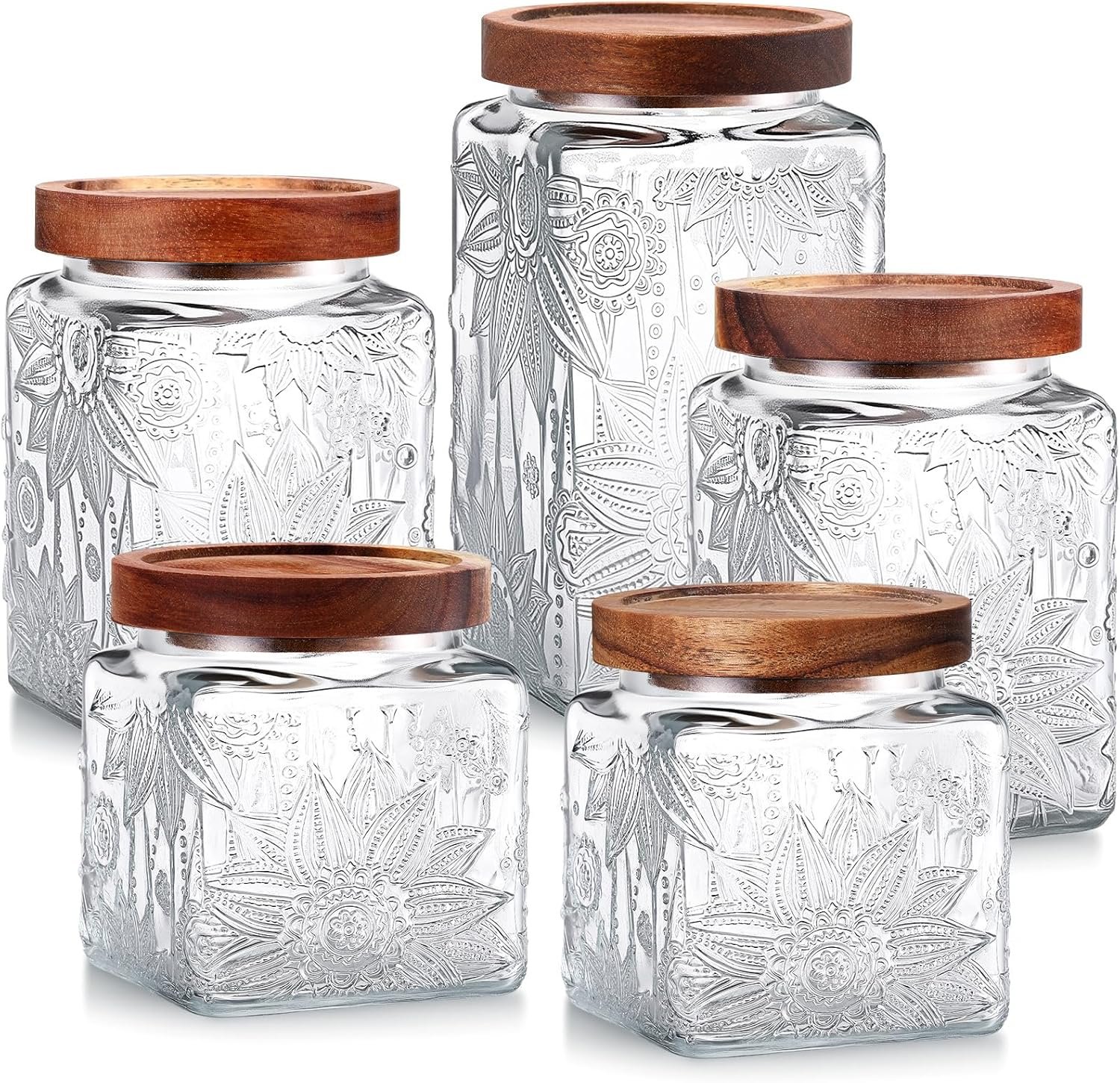 Suclain 5 Pcs Sunflower Vintage Glass Jars with Bamboo Airtight Lid 17/24/34 oz Glass Food Containers Storage for Kitchen Counter Pantry Sugar Flour Coffee Tea Candy Oats Cereal(Square)