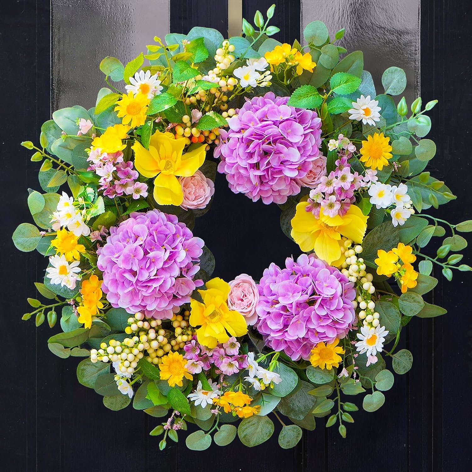 Summer Wreaths for Front Door 24 Inch, Artificial Summer Wreath with Vibrant Hydrangea, Roses, Daisies, Summer Door Wreath for Porch, Mantel, Farmhouse Home Wall Decor