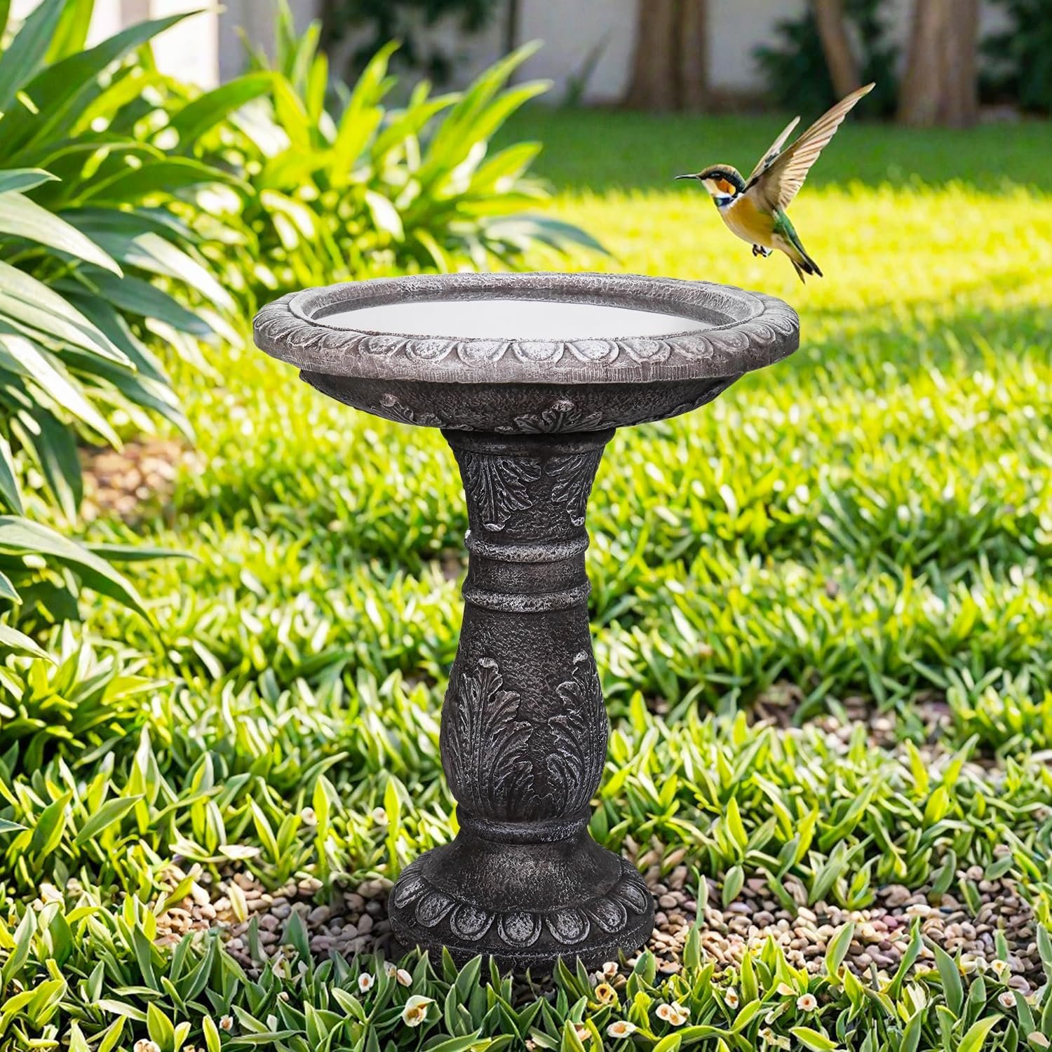 SunJet 24.4” H x 20” Dia Outdoor Birdbath with Intricate Floral Carvings Pedestal – Fibre Reinforced Concrete Birdbaths, Vintage Design for Garden Decor & Bird Attraction