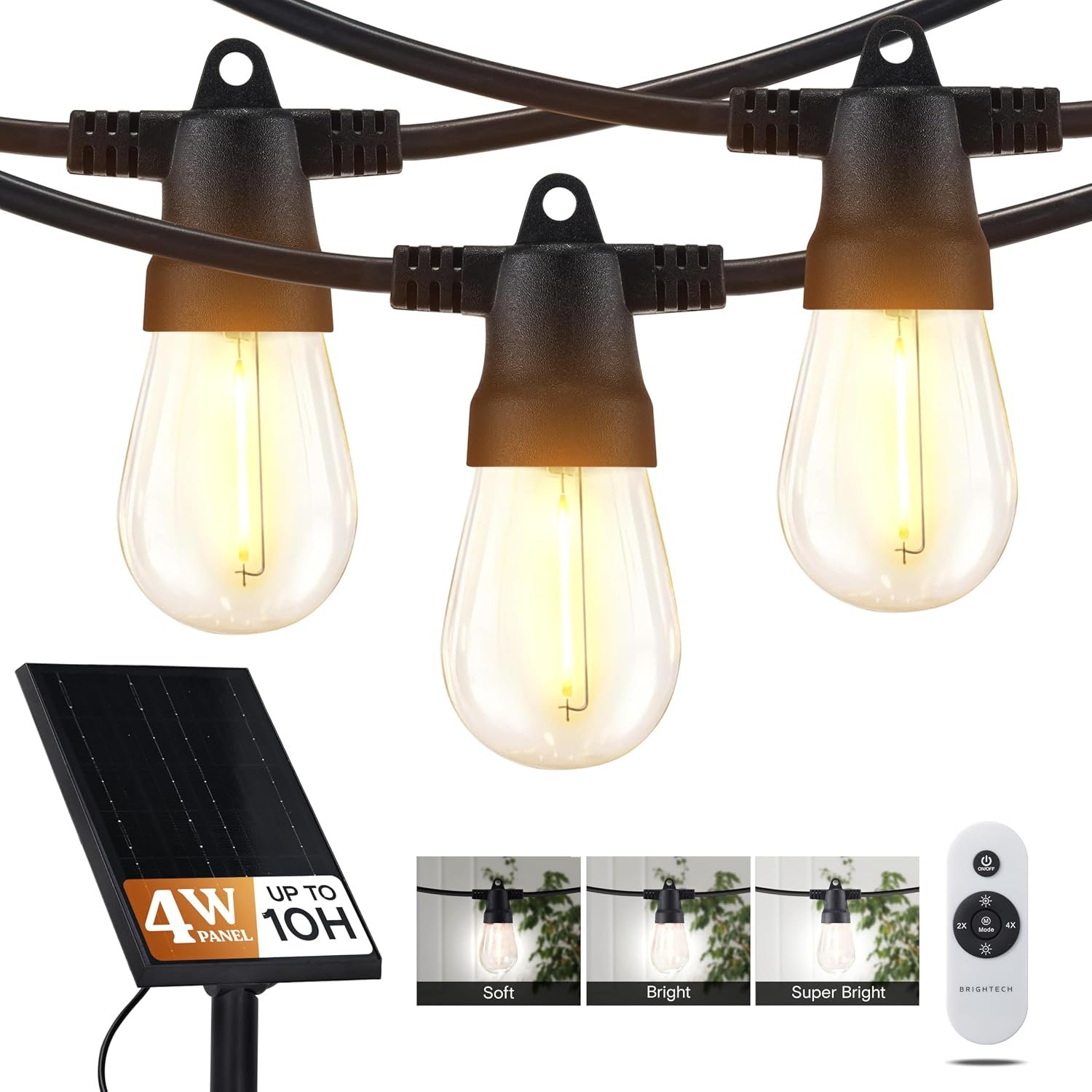 Brightech Ambience Pro Super Bright Solar – 27Ft Remote Control Outdoor String Lights with 12 Shatterproof S14 Bulbs, Commercial Grade LED, Waterproof Patio Lights, 4W Soft White for Patio, Garden