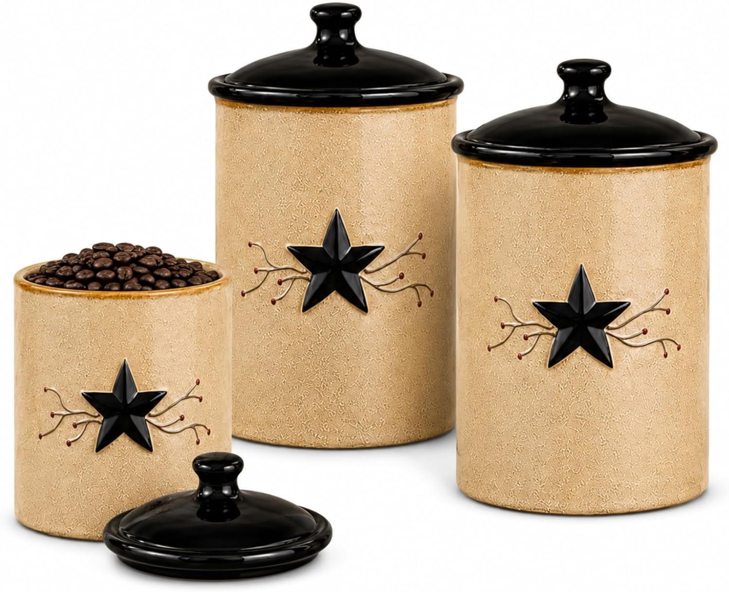 Park Designs Stoneware Star Vine 3 Piece Canister Set | Farmhouse Rustic Countertop Storage | Airtight Seal | Ceramic Canister Set for Kitchen Counter | Dolomite | Hand-Painted Star & Vine | Airtight Seal | Farmhouse Storage