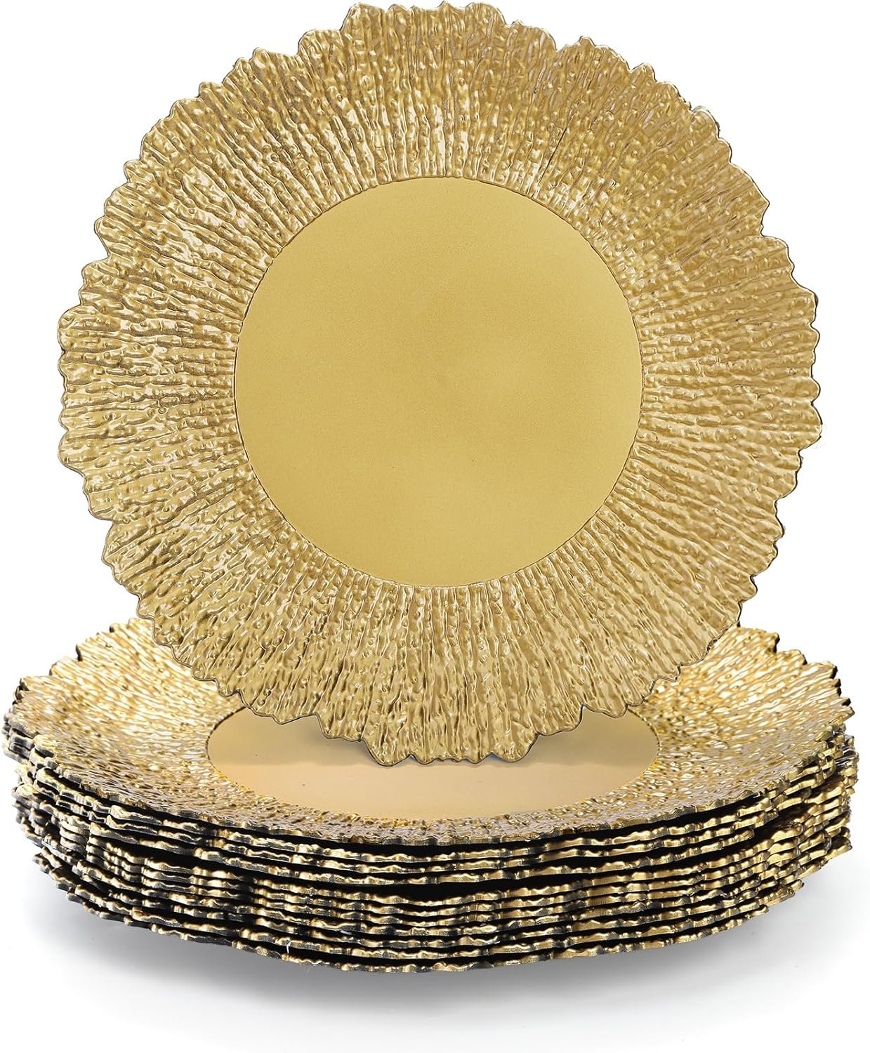 Coloch Set of 12 Gold Charger Plates, 13″ Plastic Reef Serving Chargers for Dinner Plate Reusable Round Shiny Decorative Charger Plate for Wedding, Catering, Parties, Christmas, Home Dinner Use