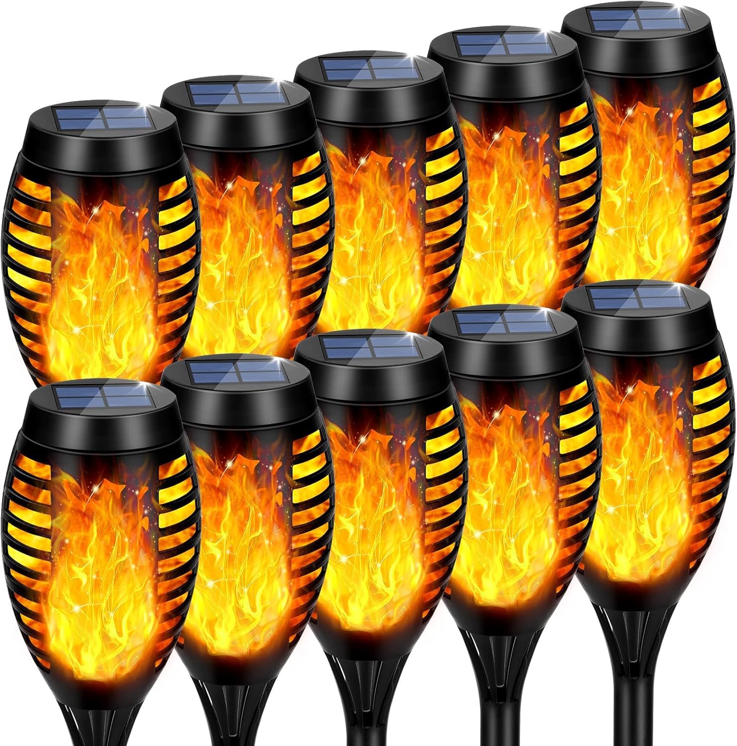 Solar Torch Lights Outdoor Flickering Flame for Halloween Decorations | Upgraded 10 Pack Flame Halloween Solar Lights Outdoor for Garden Decor, Tiki Torches for Outside Yard Patio Pathway Decor