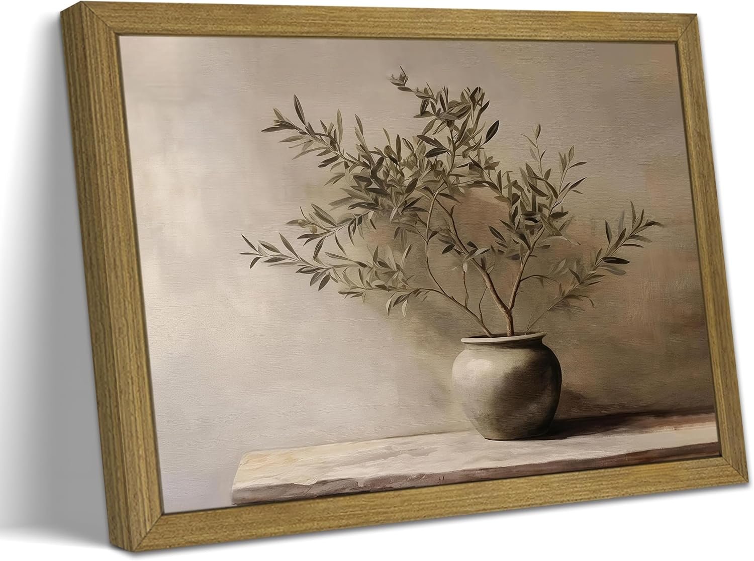 Wood Framed Olive Tree Canvas Wall Art, Minimalist Botanical Plant Vase Painting, Rustic Farmhouse Neutral Still Life Print Picture for Living Room Bedroom Kitchen Office Home Wall Decor 8×10 Inch