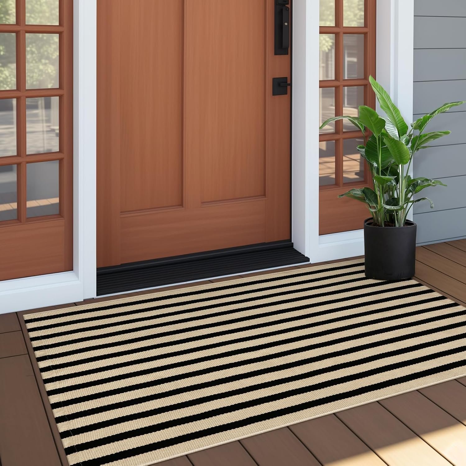 OJIA Outdoor Porch Rug Front Door Mat 24″x51″, Black and Tan Striped Rugs | Washable Outdoor Rugs Front Door Rugs Cotton Woven Kitchen Rugs Small Area Rugs for Entryway/Patio/Outside Entrance Decor