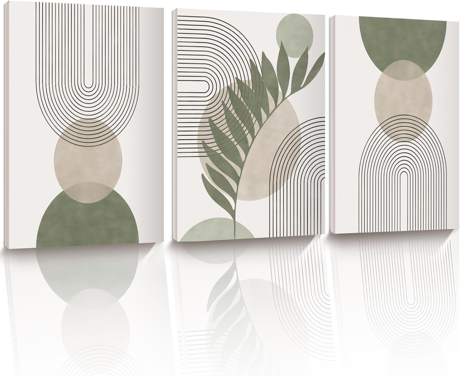 30x40CM Sage Green Boho Wall Art,Framed Canvas Bathroom Wall Art Pictures, Mid-Century Modern Wood Framed Abstract Prints for Bedroom,Minimalist Office Wall Decor 3Pack