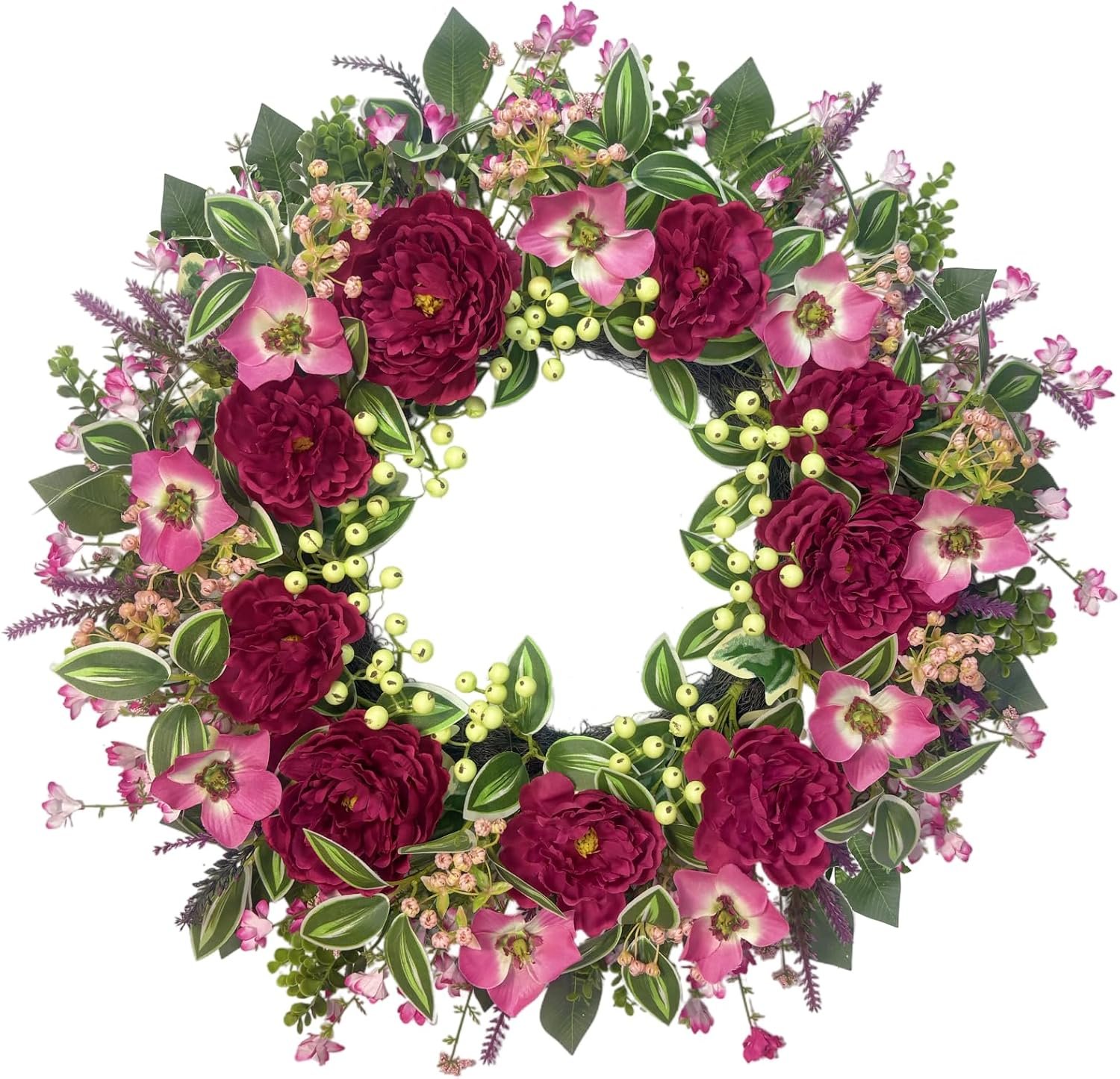 24-Inch Peony Wreath for Front Door – Artificial Berry & Floral Spring Wreath, Handmade Summer Front Door Decor – All-Season Wreath for Porch, Garden, Window Decor