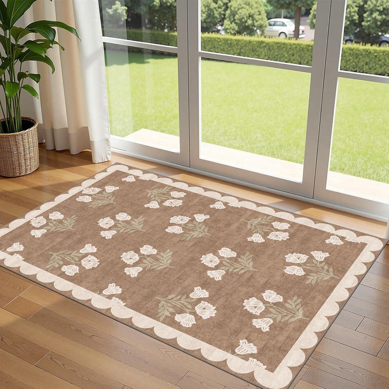 3×5 Floral Entry Rug – Small Washable Indoor Outdoor Mats for Front Door Non-Slip Porch Rug Tan Boho Neutral Farmhouse Throw Rugs for Living Room Bedroom Entryway Kitchen Office Porch Decor