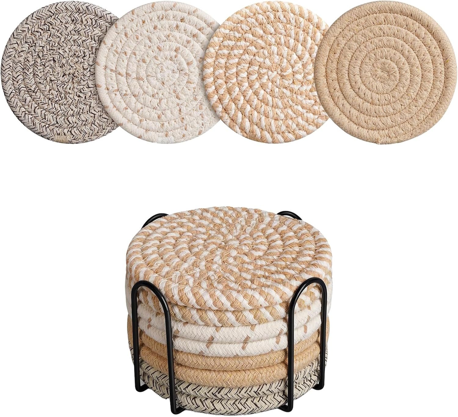 Coasters Set of 8 for Drinks with Holder,4 Colors Absorbent Coasters,Boho Cotton Woven Coaster Set for Living Room Decor,Tabletop Protection Suitable for Drinks,Beer, Coffee