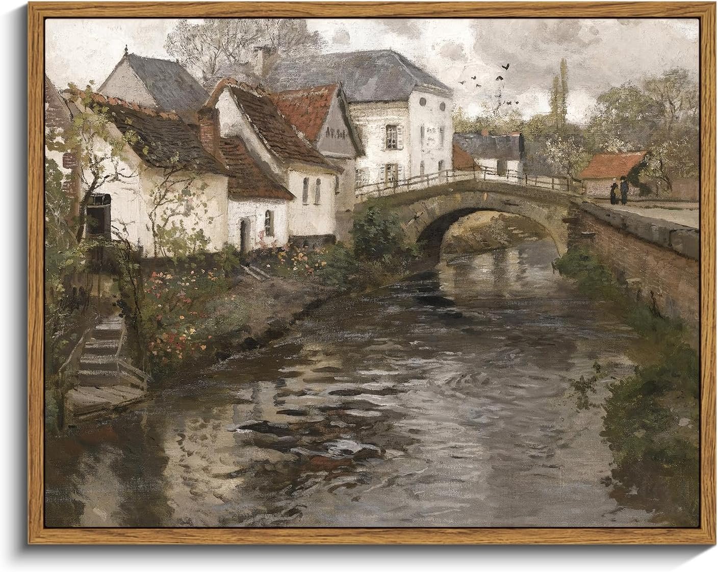 InSimSea Framed Canvas Wall Art Vintage Decor, Landscape Wall Art Prints, Riverside Small Town Canvas Prints, Rustic Farmhouse Wall Decor for Bedroom Living Room, Retro Room Decor, 11″x14″