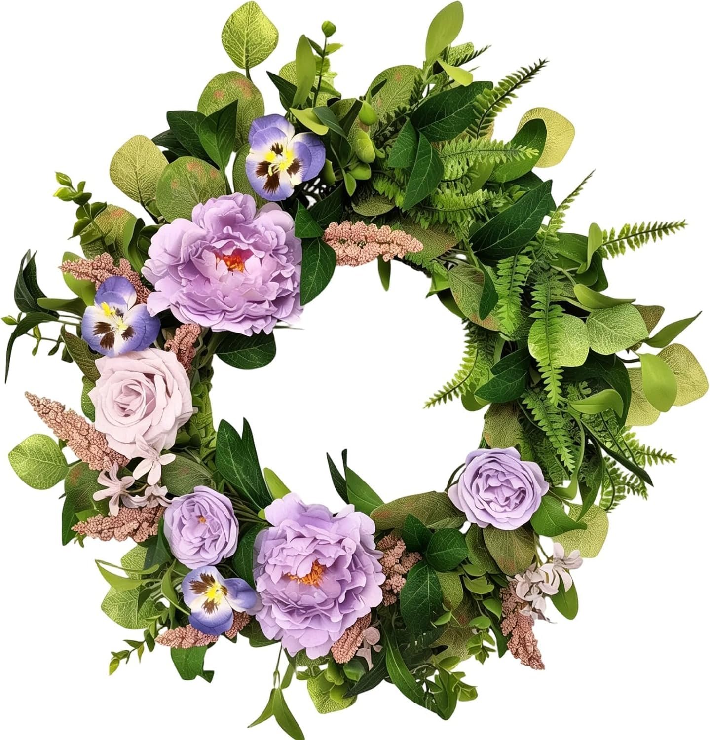 20 Inch Pale Purple Artificial Floral Wreath – Peony Rose Pansy with Lavender Wildflowers, Spring Summer Decor for Front Door Wall Window, Indoor Outdoor Wreaths