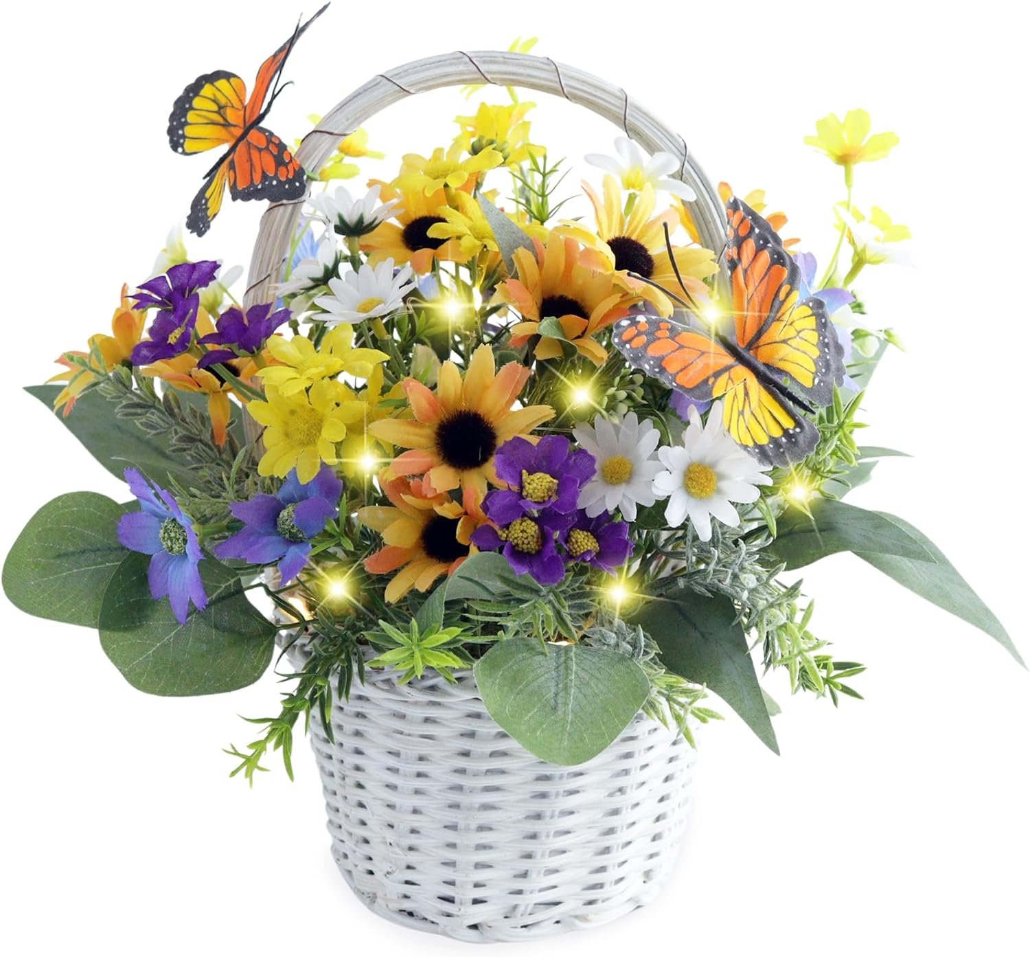 Eksen Artificial Flowers in Basket Vase with Lights, Faux Floral Arrangement for Table,Home Kitchen Centerpieces Party Decor