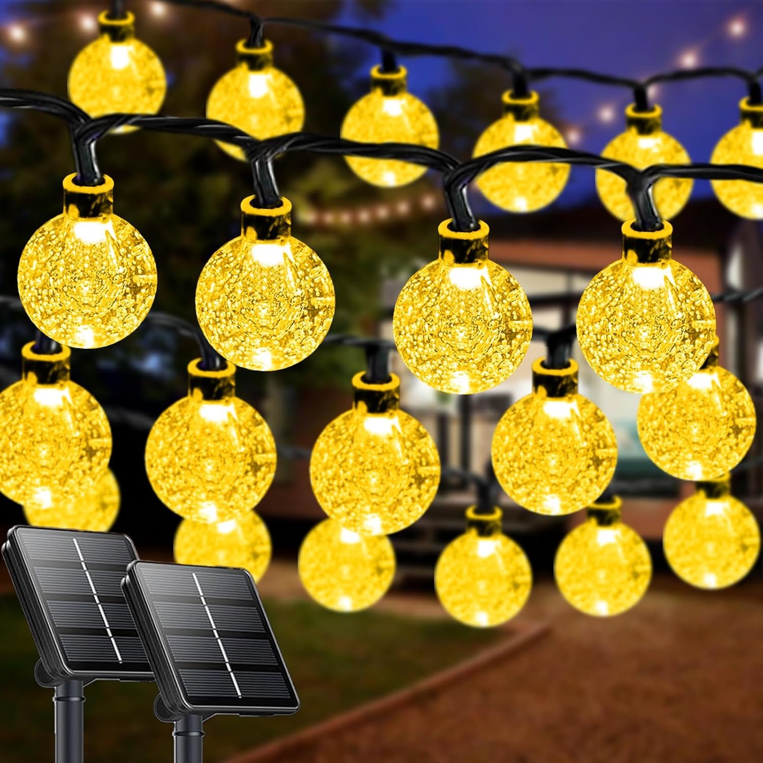 LORRYTE 2 Pack 64FT 100 LED Globe Solar String Lights Outdoor, Warm White | Crystal Globe Patio Lights, IP65 Waterproof, Auto On/Off, 8 Modes Solar Powered Light for Garden Yard Wedding Porch Party