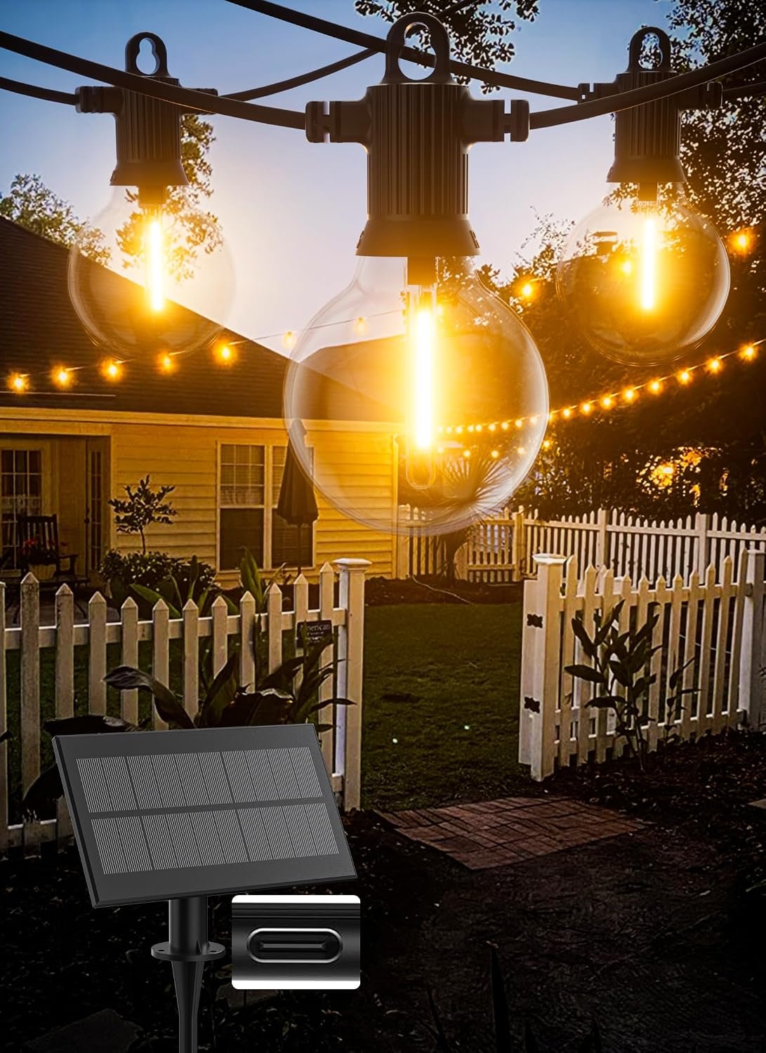 Zuske Solar String Lights Outdoor Waterproof 50FT with USB Port and 27 Shatterproof G40 Bulbs(2 Spare), LED Solar Powered Patio Lights for Outside, Porch, Backyard, Bistro, Garden, Market – 2200K