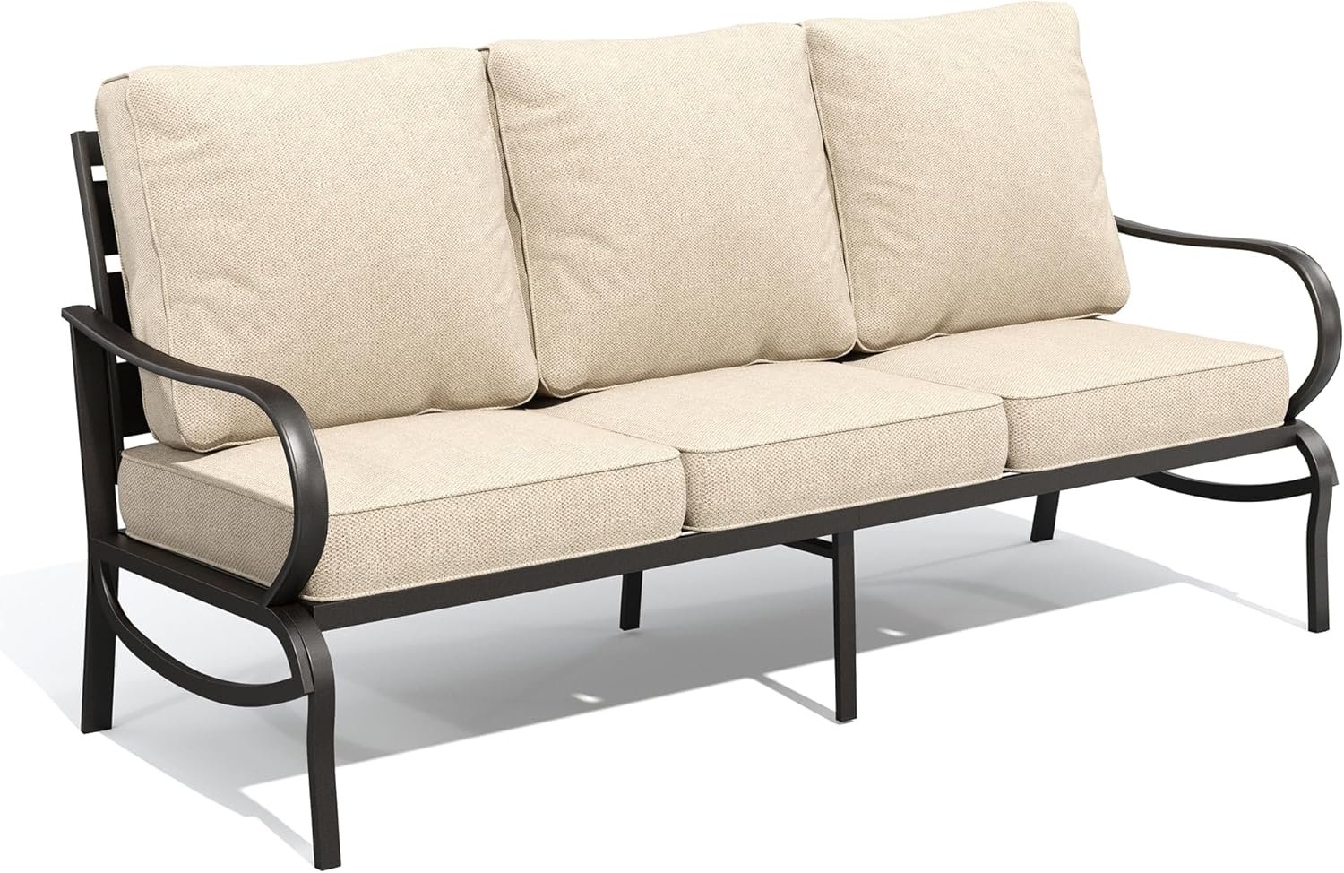 PHI VILLA 3-Seater Metal Outdoor Patio Sofa with 5.75″ Thick Cushion, Beige | High Back & Deep Front Porch Furniture, All-Weather Rust Prevention Frame Patio Seating Couch for Deck Backyard Balcony