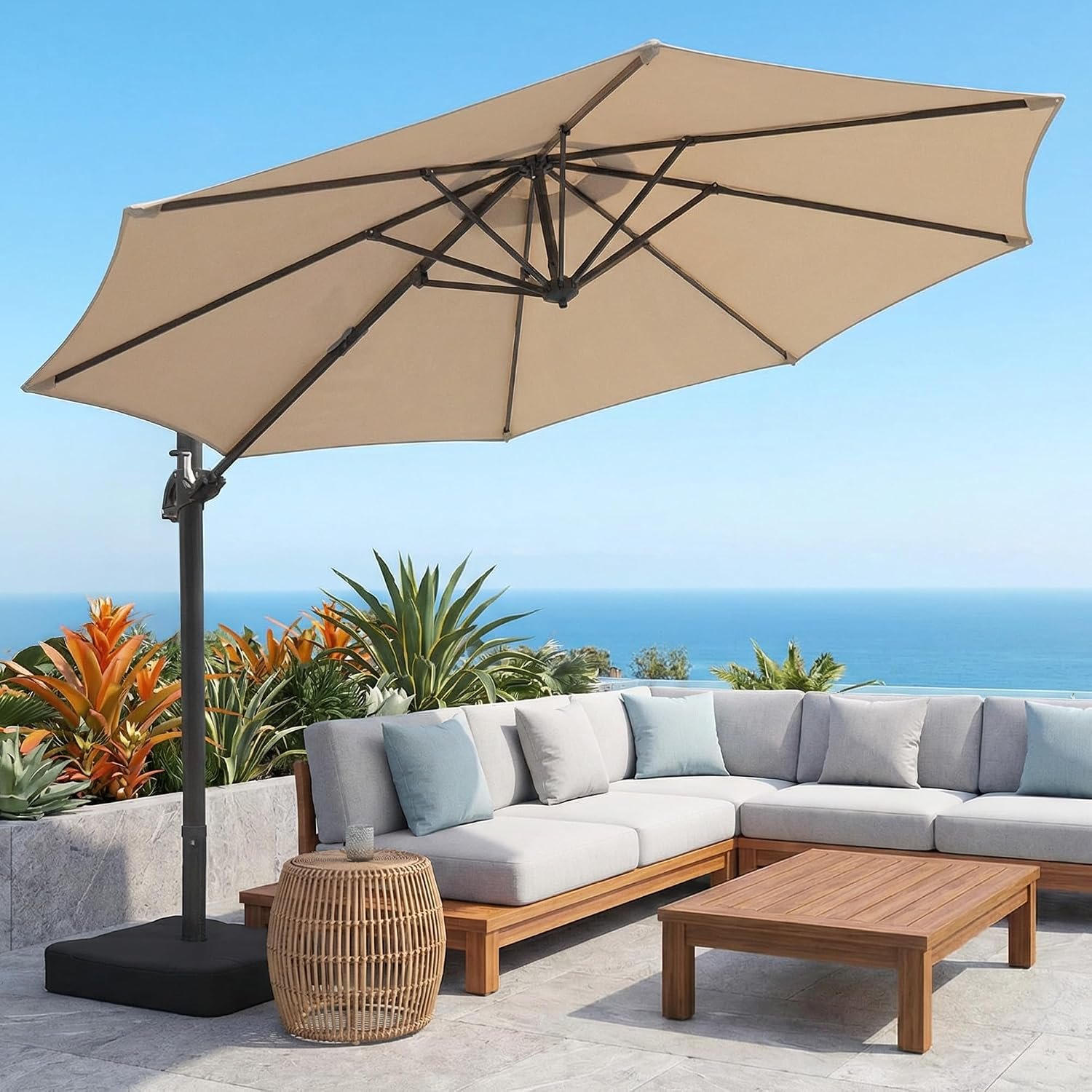 9′ x 12′ Cantilever Offset Patio Umbrella with Base Included, Large Outdoor Rectangular Umbrella with 360-degree Rotation & Infinite Tilt Adjustment, 240GSM UV Protection Fade-Resistant Canopy, Heavy-Duty Aluminum Frame for Outdoor Patio, Deck, Backyard, Poolside, Champagne