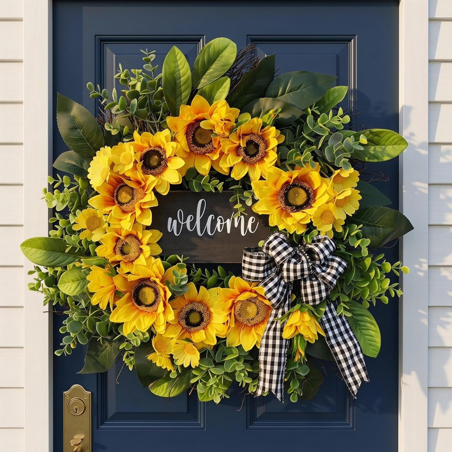 sunflower wreath with welcome,spring summer wreath for front door, unique housewarming gift,mother’day gift,farmhouse porch decor,sunflower wall decor,wedding favors,year round wreaths-20inch