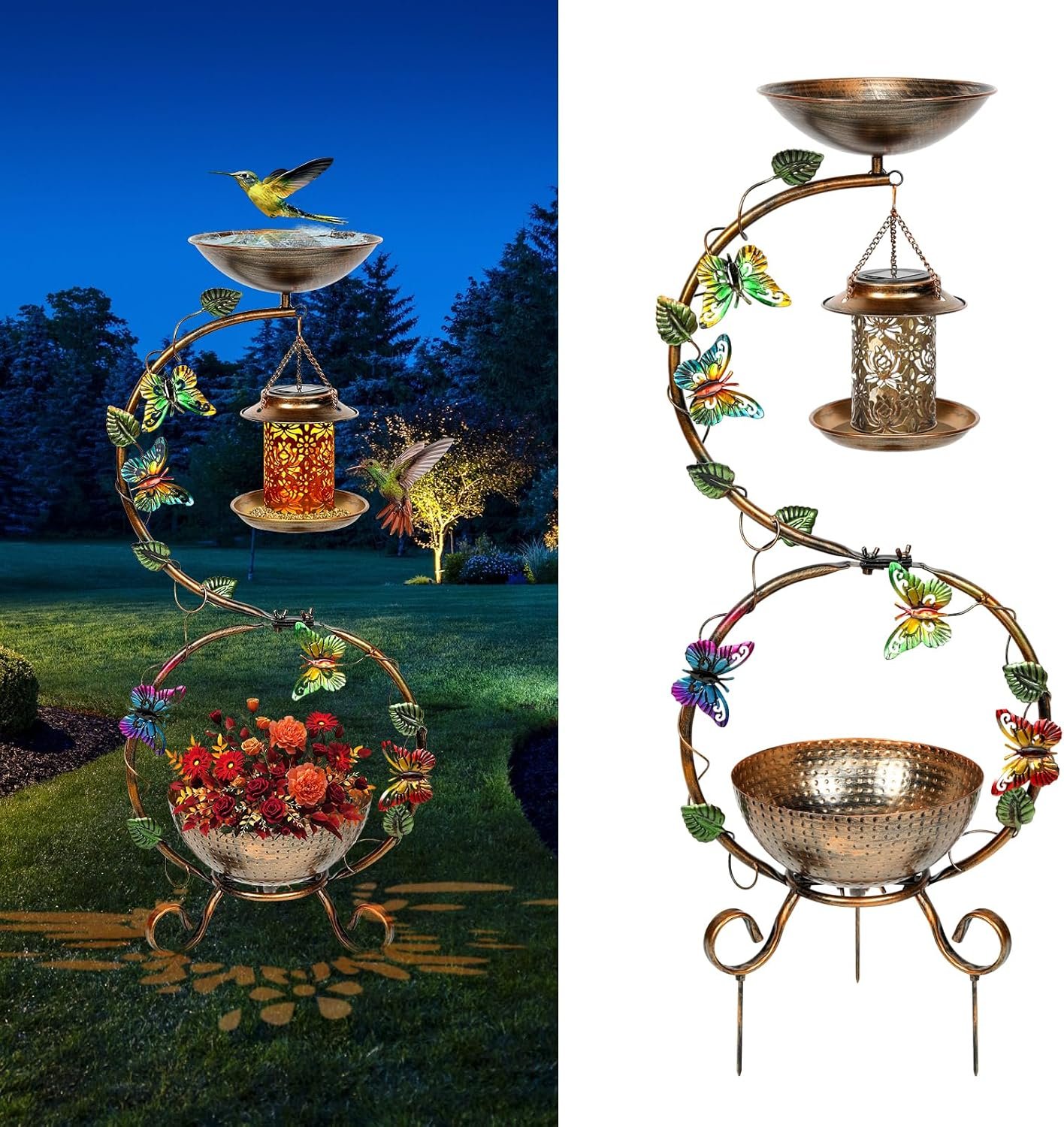 3 In 1 Bird Bath for Outside and Solar Bird Feeders Combo with Flower Planter Pedestal, 38″ Metal Bird Baths Heavy Duty for Outdoors, Vintage Birdbaths for Garden Yard Lawn Decor -Waterproof