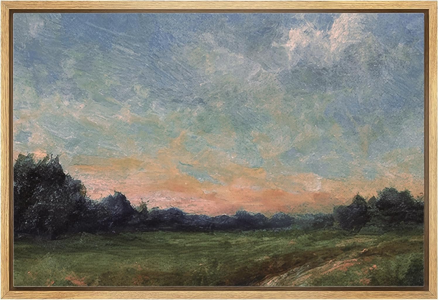 wall26 Framed Canvas Print Wall Art Pastel Sunset Meadow Landscape Impressionist Illustrations Modern Art Decorative Country Farmhouse for Living Room, Bedroom, Office – 24″x36″ NATURAL