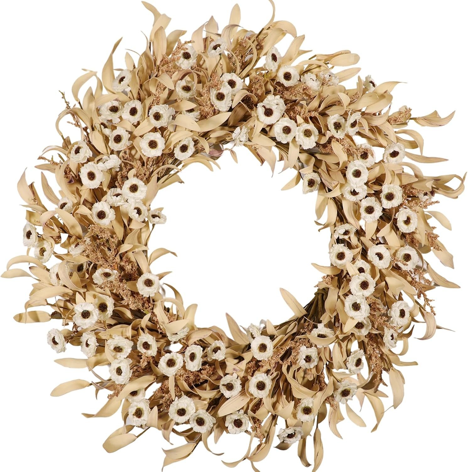 24 Inch White Floral Wreaths for Front Door – Spring Summer Decor with Artificial Eucalyptus, Boxwood & Grain Stems, All Season Farmhouse Wreath for Indoor Outdoor