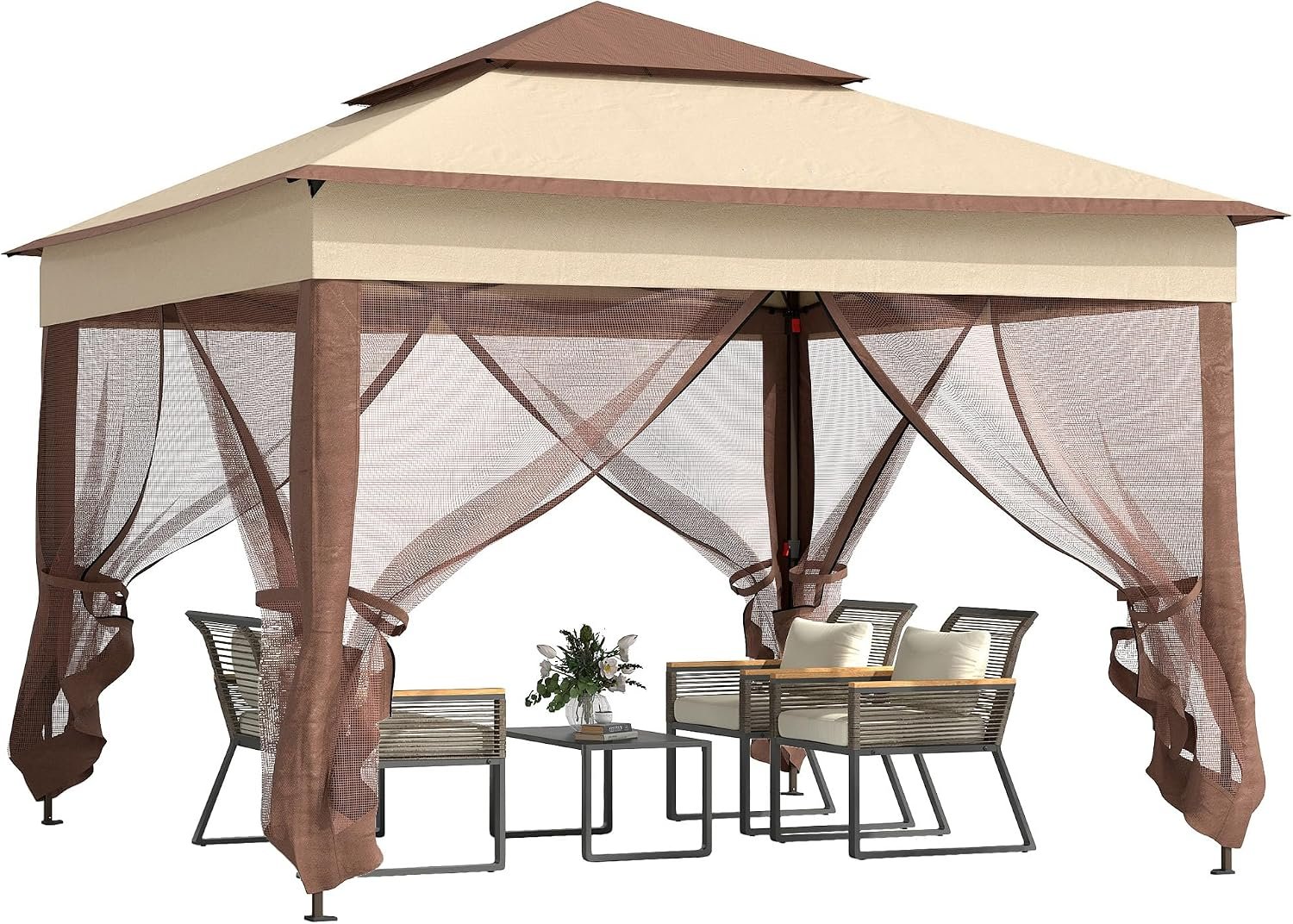 Outsunny 11′ x 11′ Pop Up Canopy w/Removable Zipper Netting, Khaki | Outdoor Patio Gazebo Shelter, Instant Event Tent, 114 Sq Ft Shade, Carry Bag, Backyard, Garden