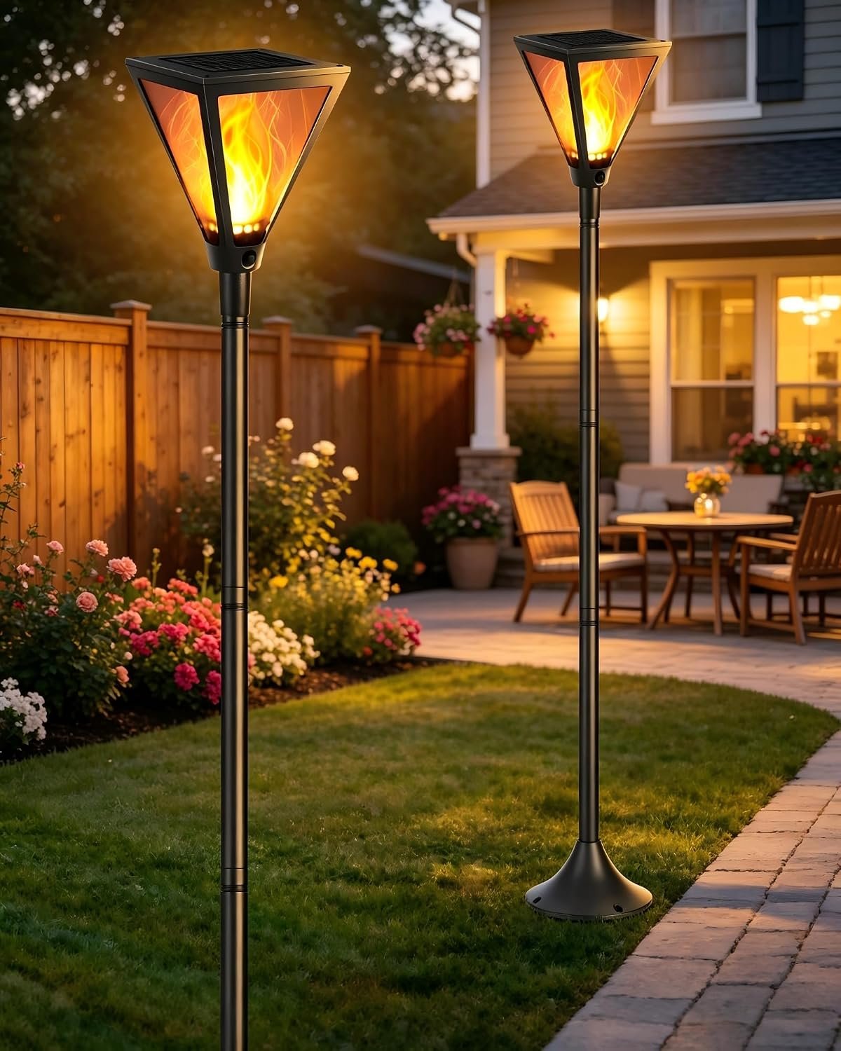 iBaycon 2 Pack 55in Solar Flame Post Lights Outdoor Landscape Pathway Lamp | Solar Garden Lights Warm White, Flickering Flame Light Outdoor Waterproof for Yard Lawn Pathway Landscape Decorations