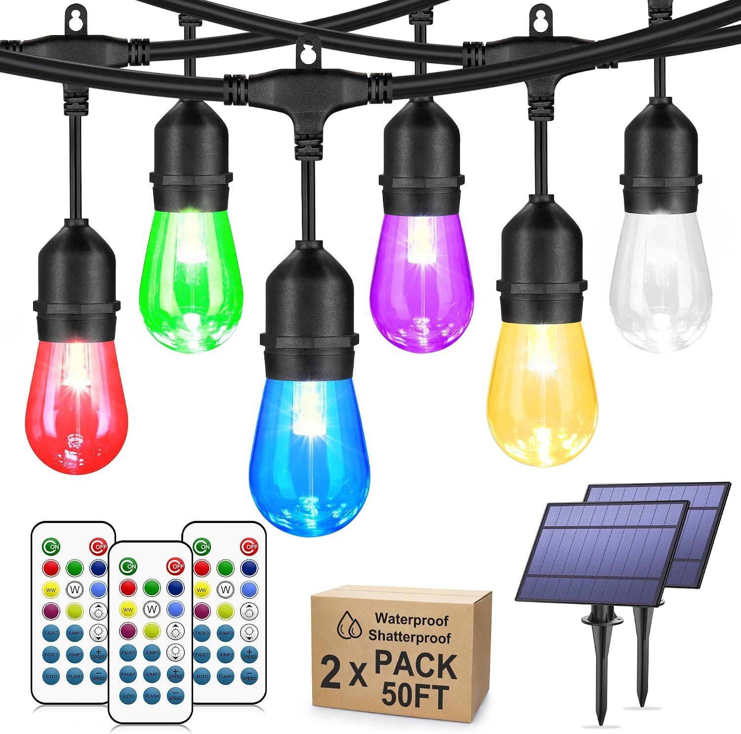 100FT(2x50FT) RGB Solar Outdoor String Lights with Remote, Black | 8 Colors Changing, 6 Modes, Dimmable, Dusk to Dawn, Waterproof, Shatterproof, Commercial Grade S14 Lights for Patio Backyard