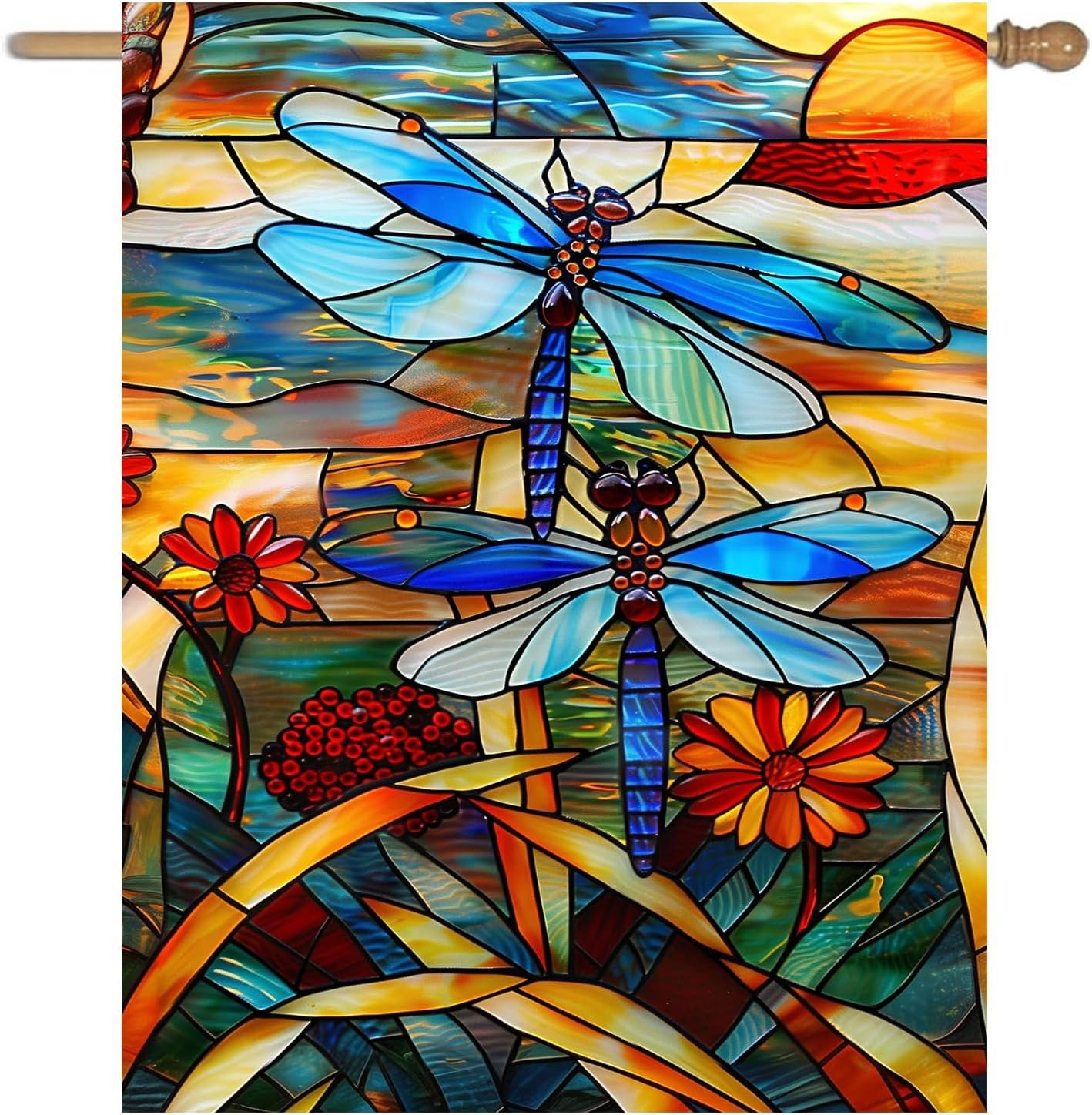 Stained Glass Dragonfly Garden Flag Spring Summer House Flag Fall Floral Decorative Yard Flags for Outside 28×40 Double Sided Large Seasonal Lawn Flags Rustic Outdoor Decor