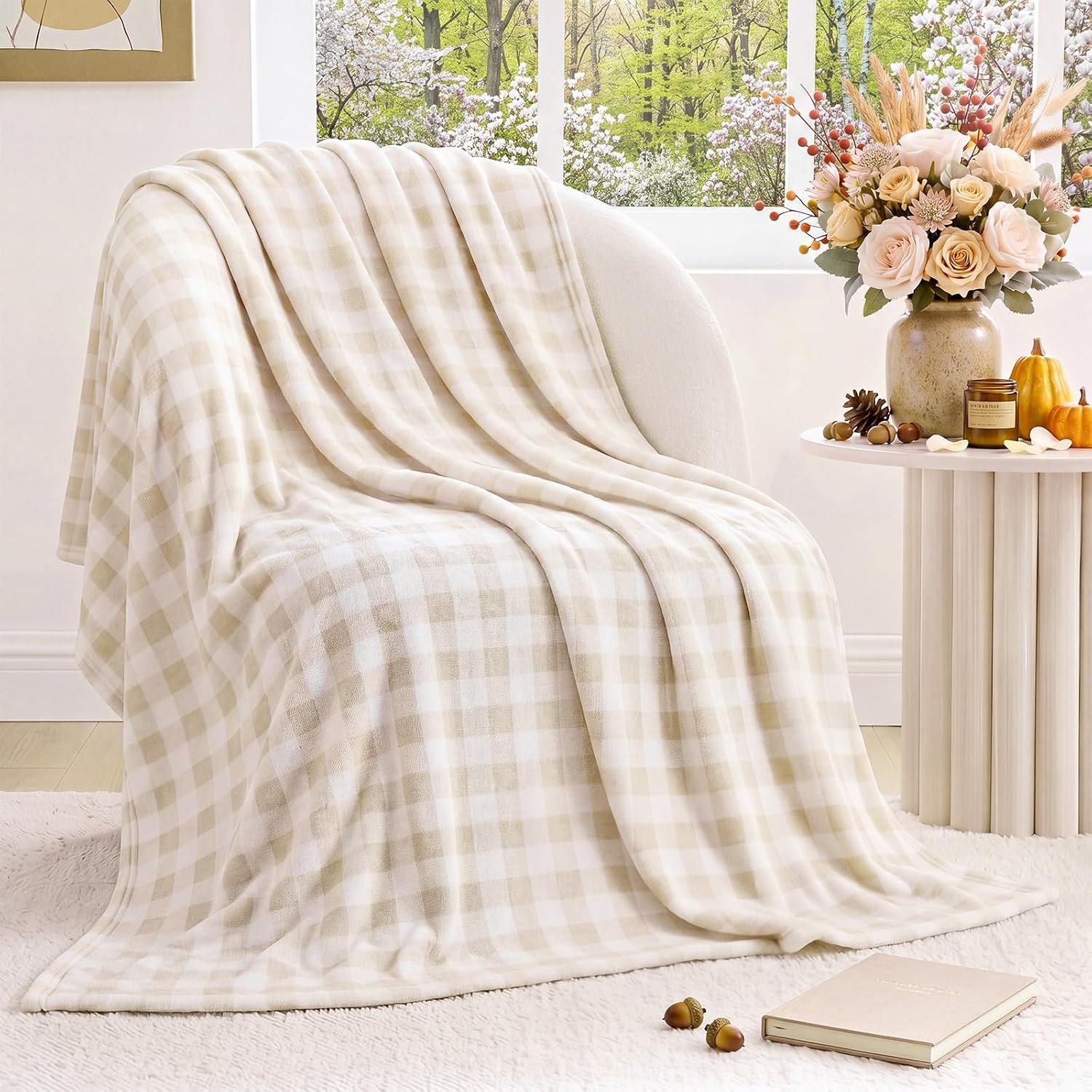 Fanfanwin Beige Gingham Throw Blanket for Couch, 50×60 Inch Checkered Plaid Flannel Blanket for Sofa Bed, Soft Cozy Throw for Farmhouse Boho Neutral Home Decor All Seasons Gift