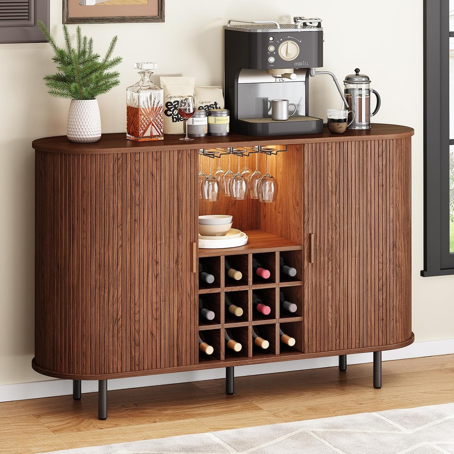 ONBRILL 55″ Wine Bar Cabinet with LED Light, Modern Fluted Liquor Whiskey Home Bar with Wine Rack and Glass Holder, Farmhouse Buffet Sideboard with Storage for Living Room, Kitchen, Entryway (Walnut)