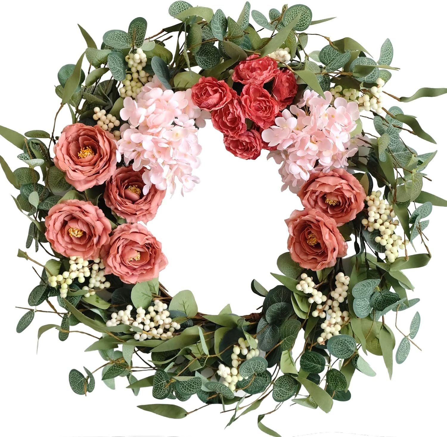 TEMPUS 20 inches Artificial Pink Peony Wreath for Front Door Wreath with Hydrangea Green Leaves Valentines Mother’s Day Decor Wall Wedding Party Home Decor (Pink)