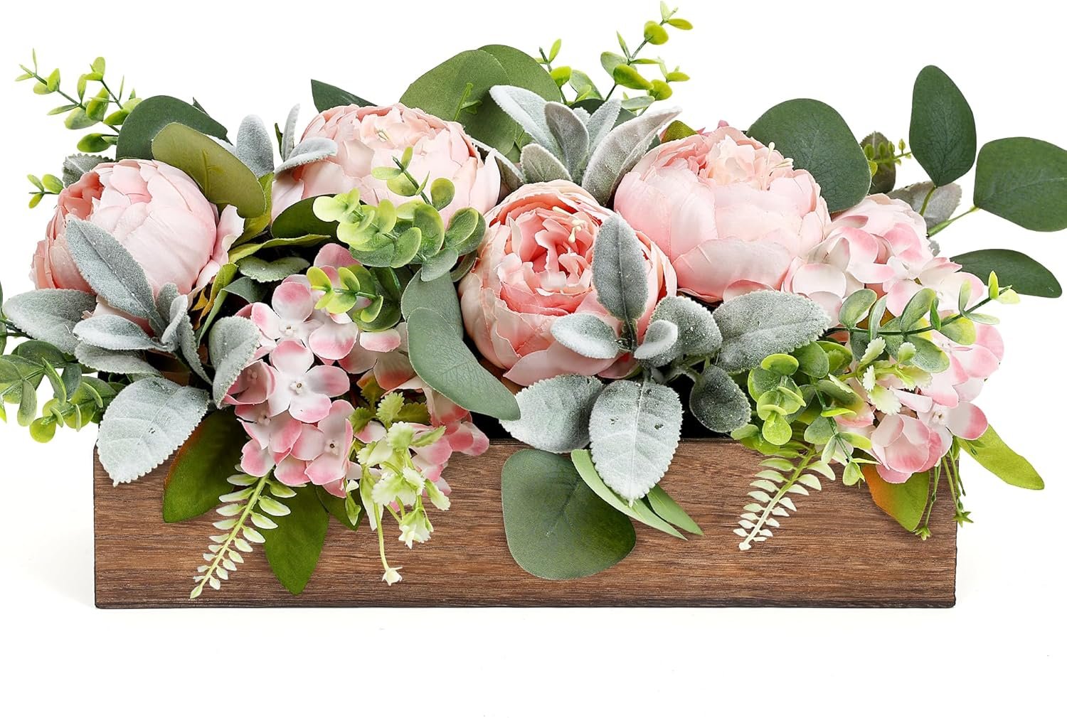 Pink Floral Centerpieces for Table, Pre-Made Artificial Peonies Hydrangea Centerpieces for Dining Table Wood Fake Flower Decorations for Wedding Living Room Party Bar Kitchen Table